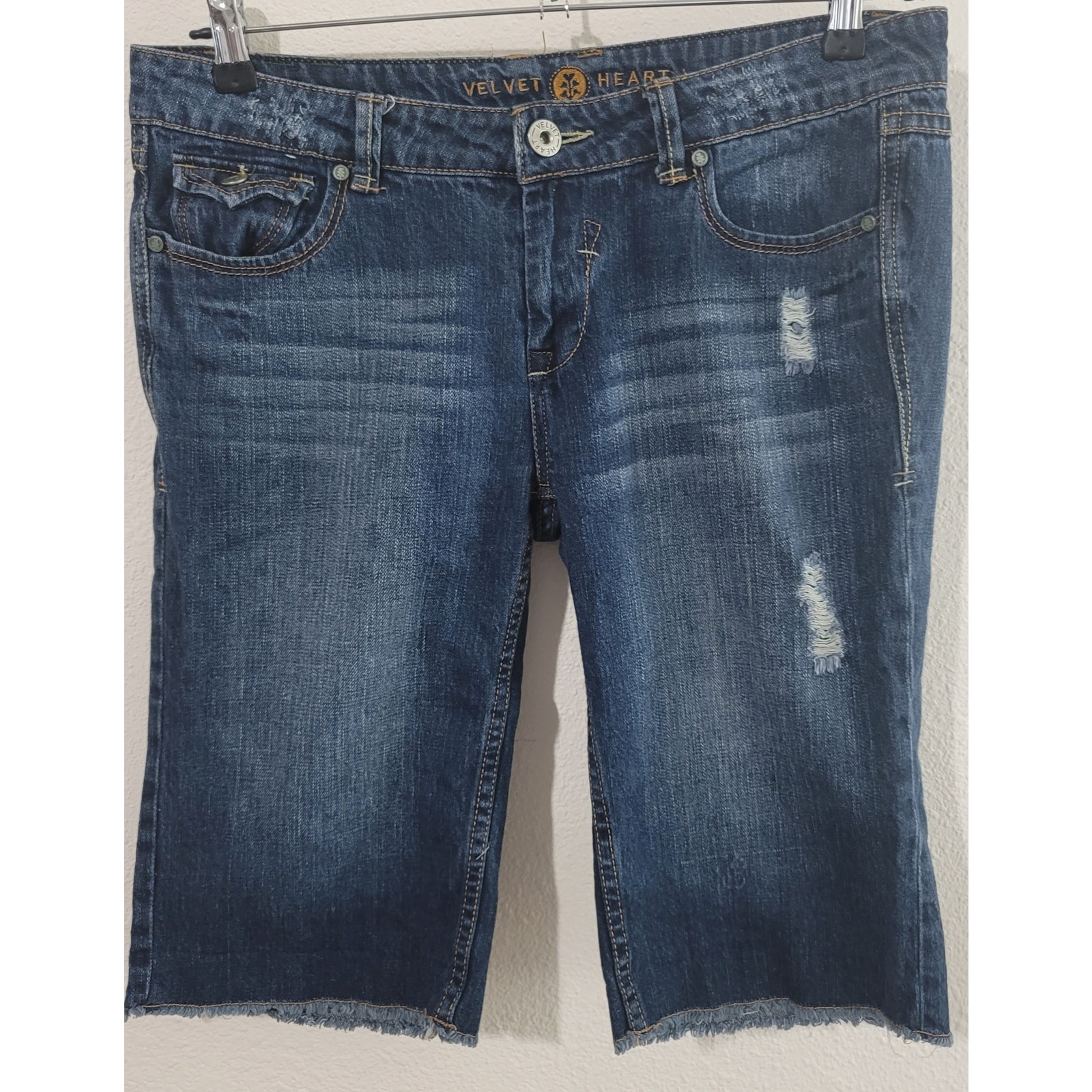 Velvet Heart Blue Distressed Stone Washed Frayed Hem Denim Shorts 30 Bermuda