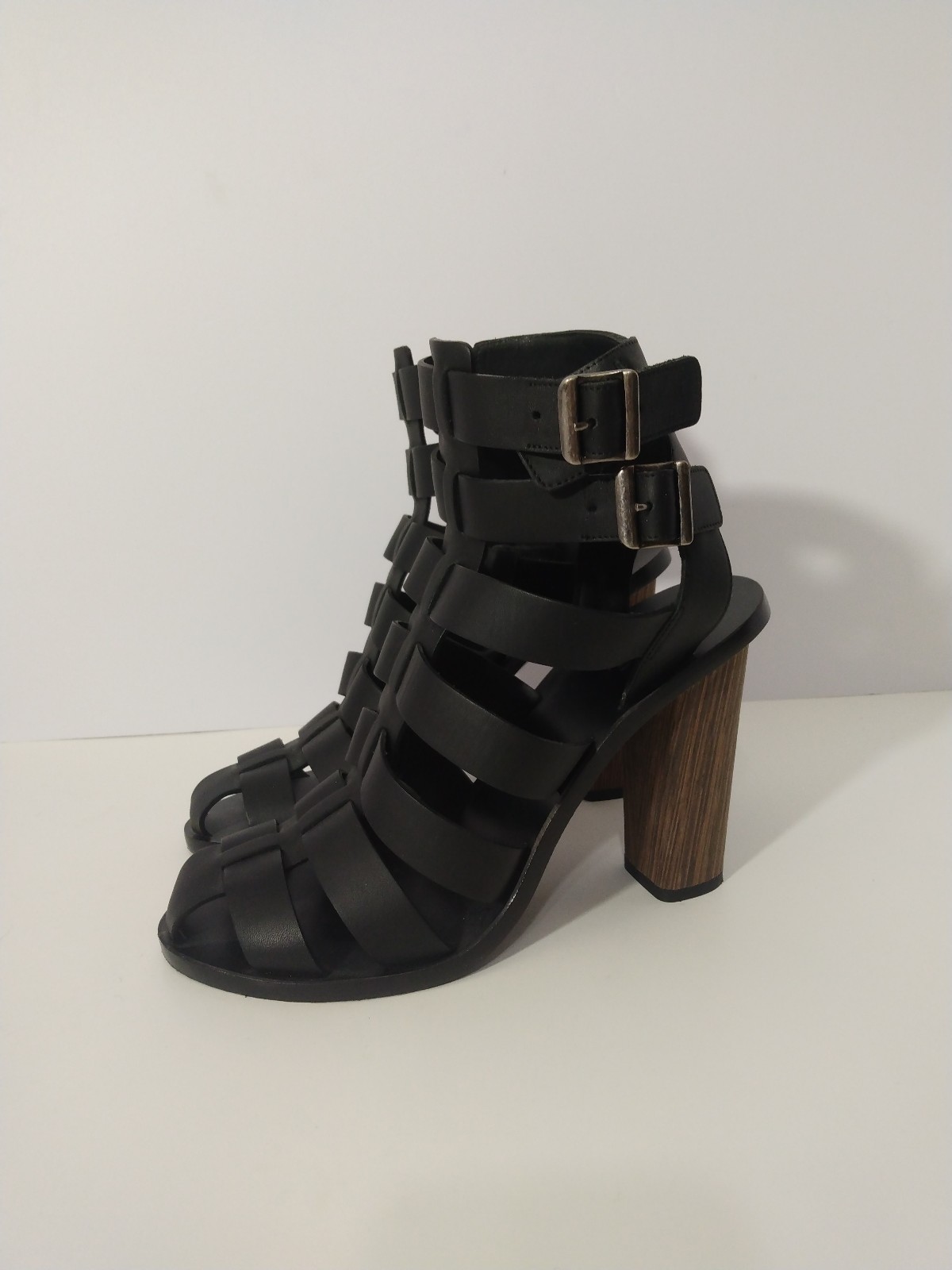 Womens Vince Black Leather Sandals Caged Strappy Nicolette Block Heel Sz 8.5
