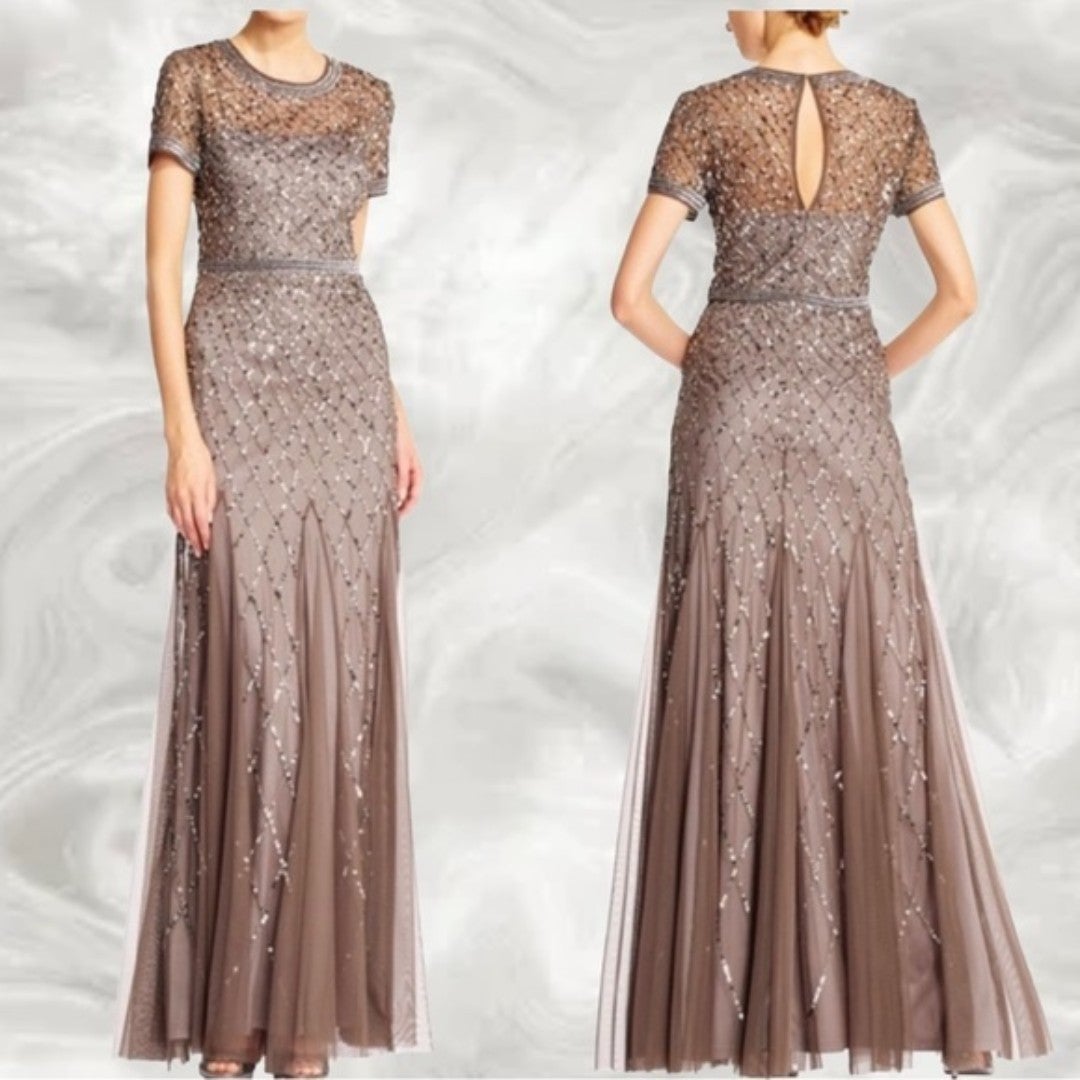 3/152) Adrianna Papell Cap Sleeve Beaded Gown