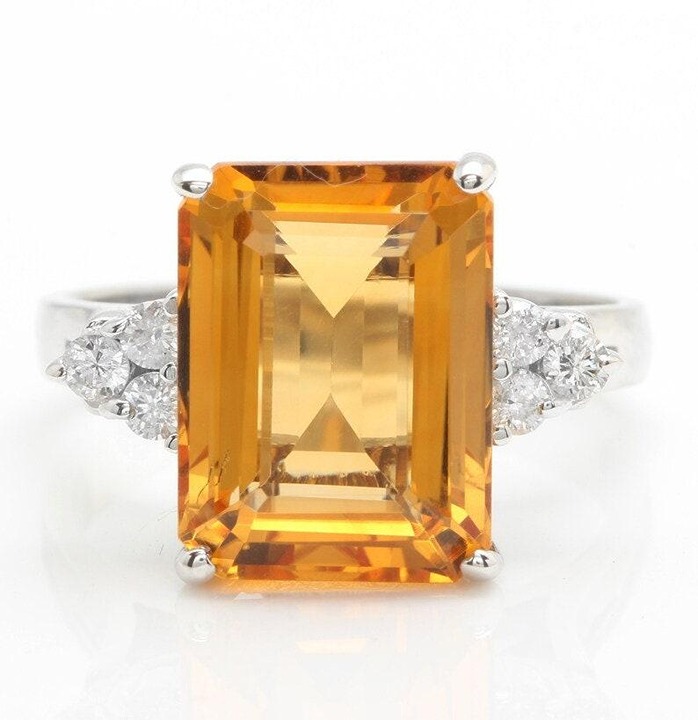 7.45Ct Natural Emerald Cut Orange Citrine & Diamond Halo Solitaire Ring 14k Whit