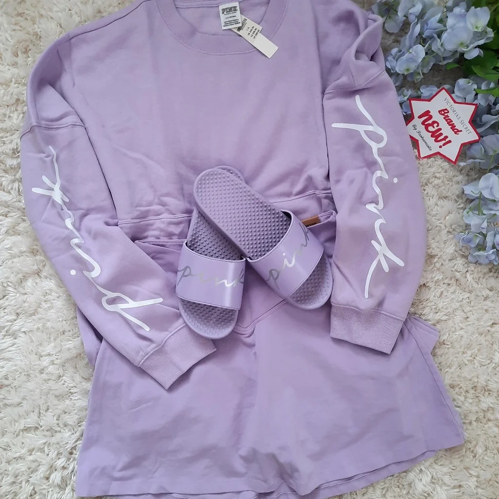 NEW (L) VS PINK Cotton Skort, Crew Top and Slides in purple