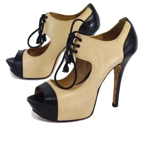 L.A.M.B Gwen Stefani 8 Chiba Tan & Black Leather Peeptoe Lace Up Pumps Heels