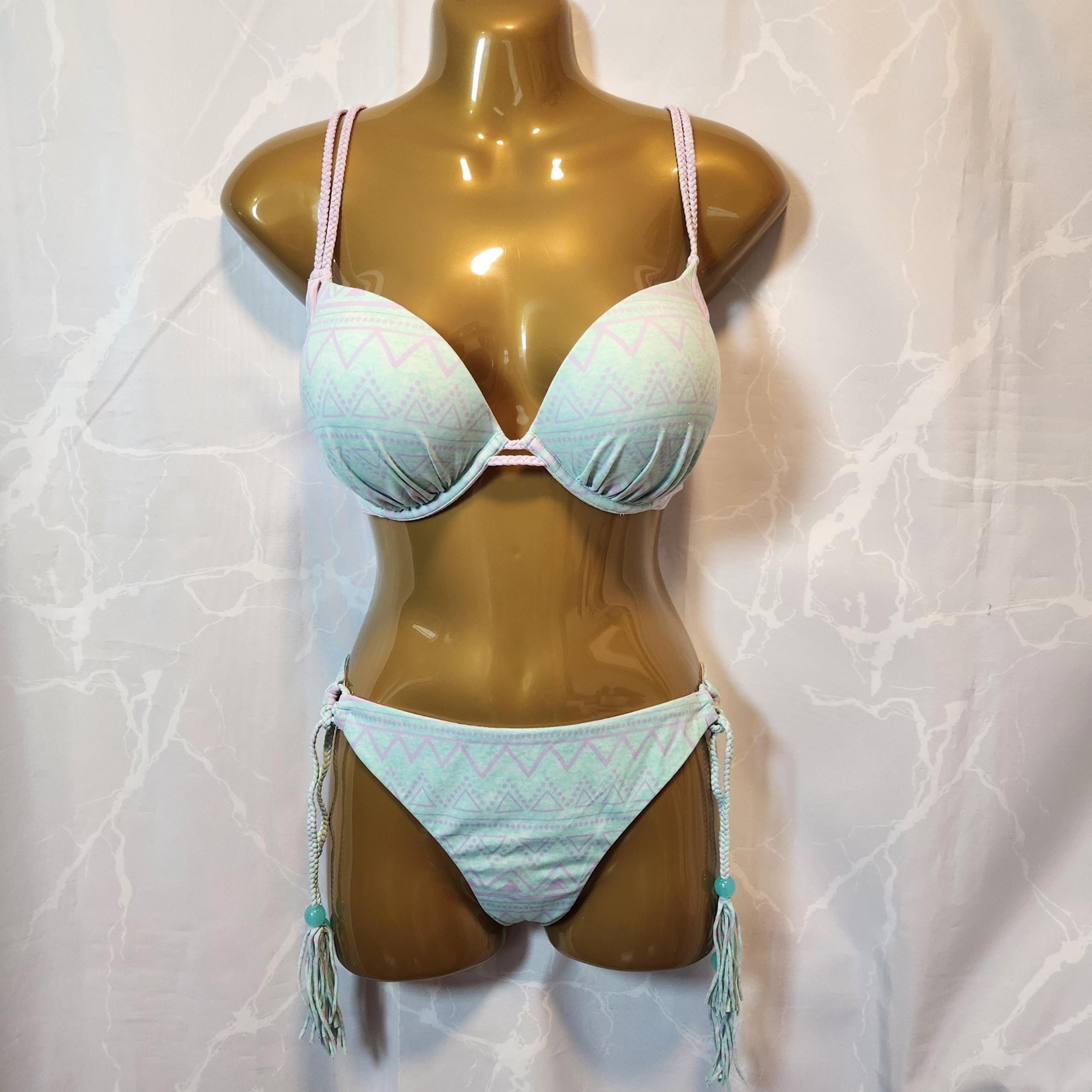 Victoria'a Secret Bikini Size LG (Cup 36C) Add 2-Cups Halter Top Cheeky Bottoms