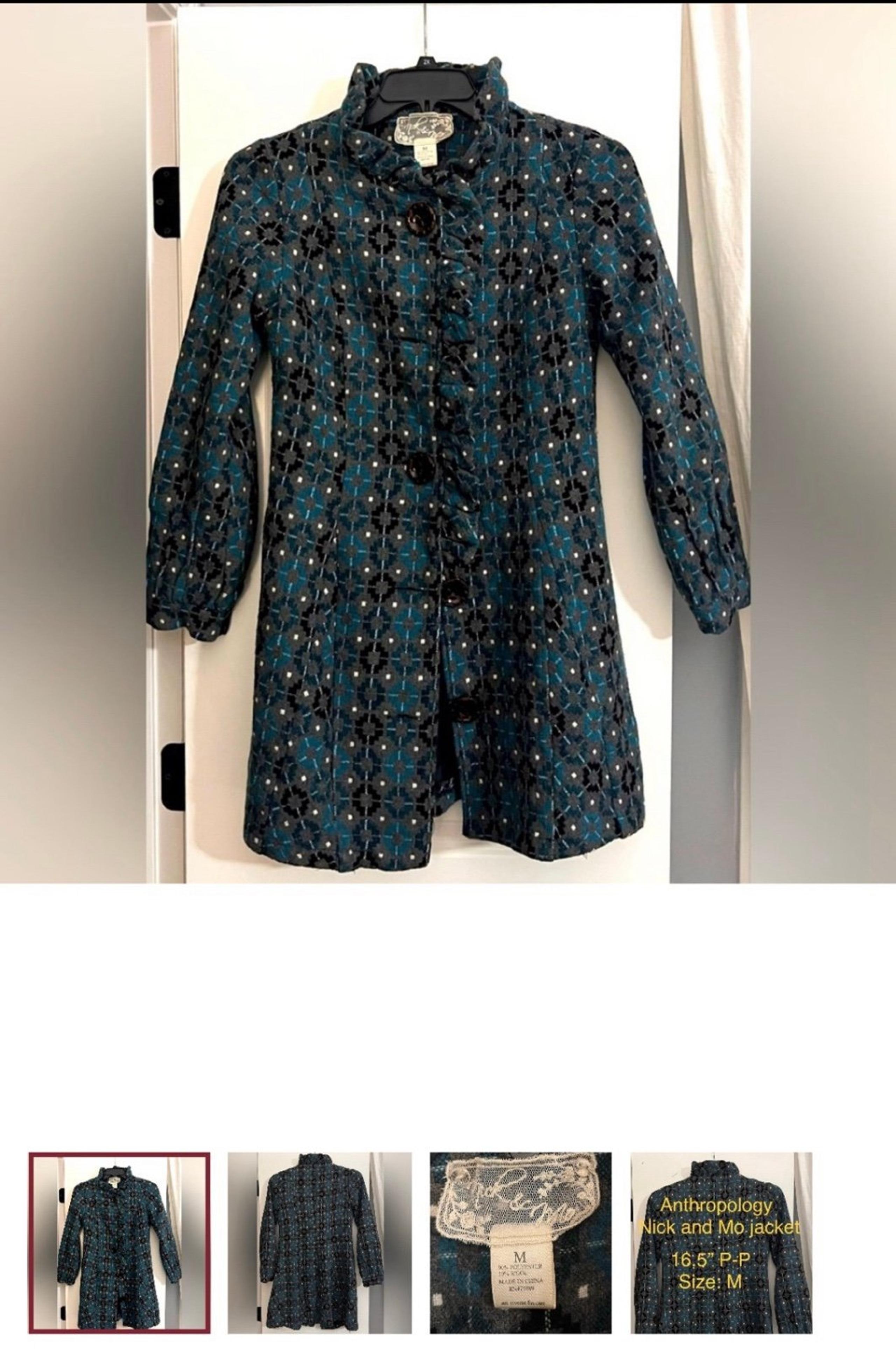 Anthropologie Vintage Wool A Line Coat Sz M Blue Green Gray Long Winter Jacket