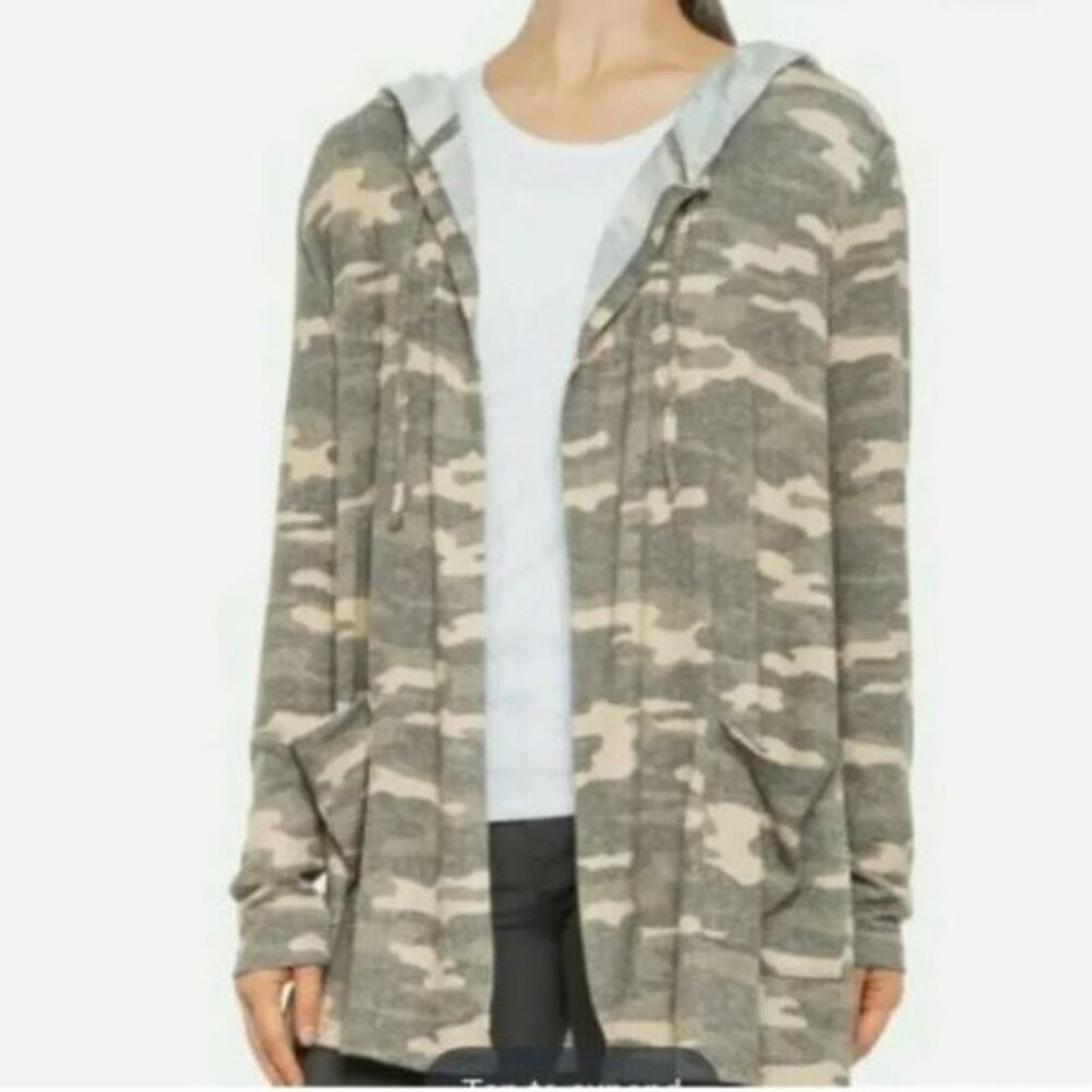 Lucky Brand Women Camo Print Jersey Hooded Cardigan Coatigan Sweater Size Large