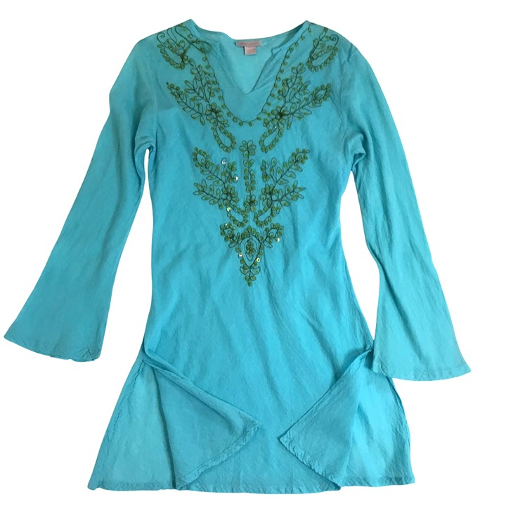 Pura Vida Women Boho Tunic Top Y2K Embroidered Festival Blue Beaded 100 Cotton L