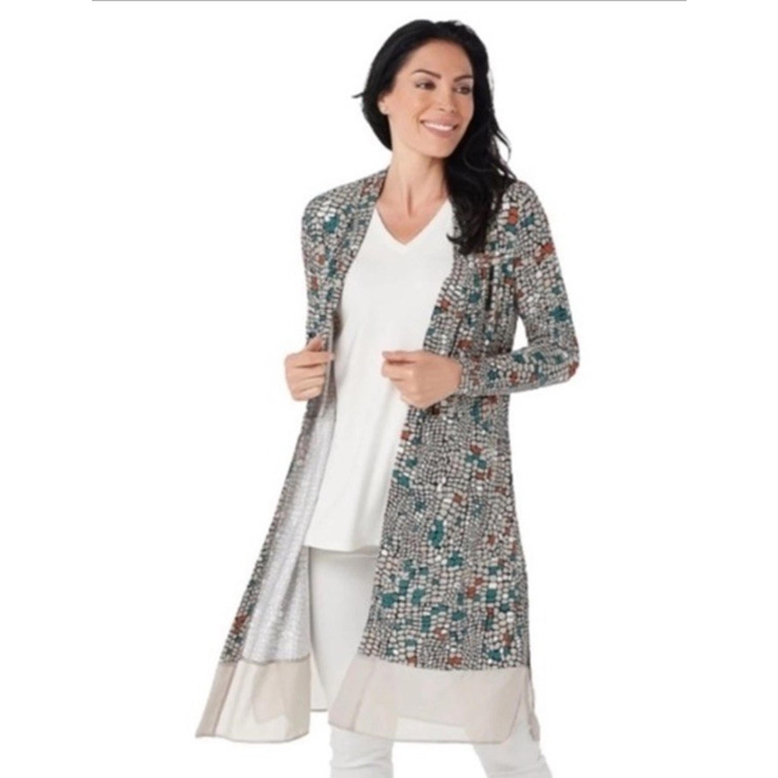 LOGO LORI GOLDSTEIN LONGLINE LETICIA MOSAIC PRINT OPEN FRONT CARDIGAN XL NWT