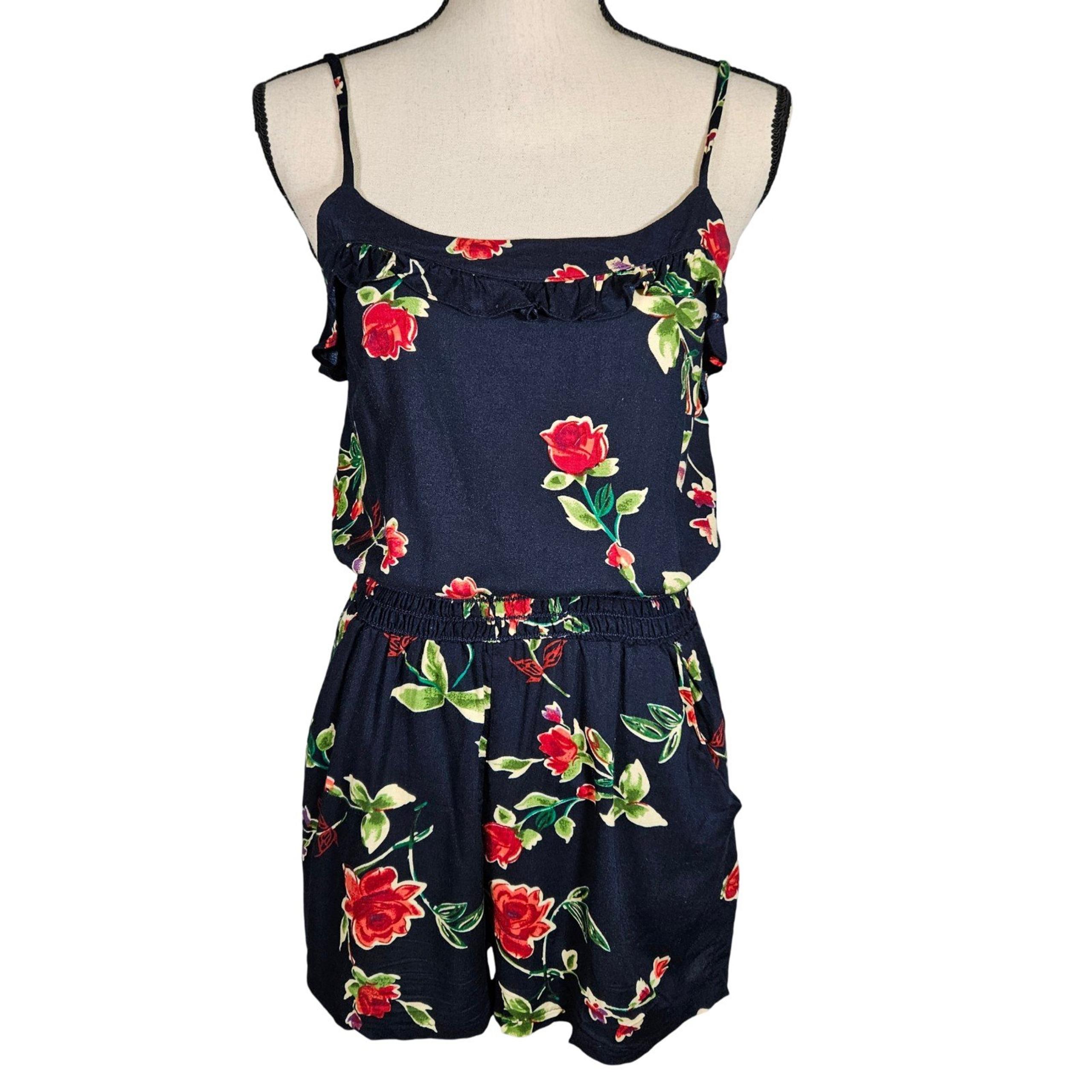Audrey 3+1 Spaghetti Strap Short Romper, Dark Blue Floral, Medium