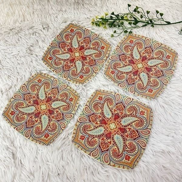 222 Fifth RESPLENDENT SPRING Paisley CurvedSquare Appetizer Plates 4Pc Porcelain