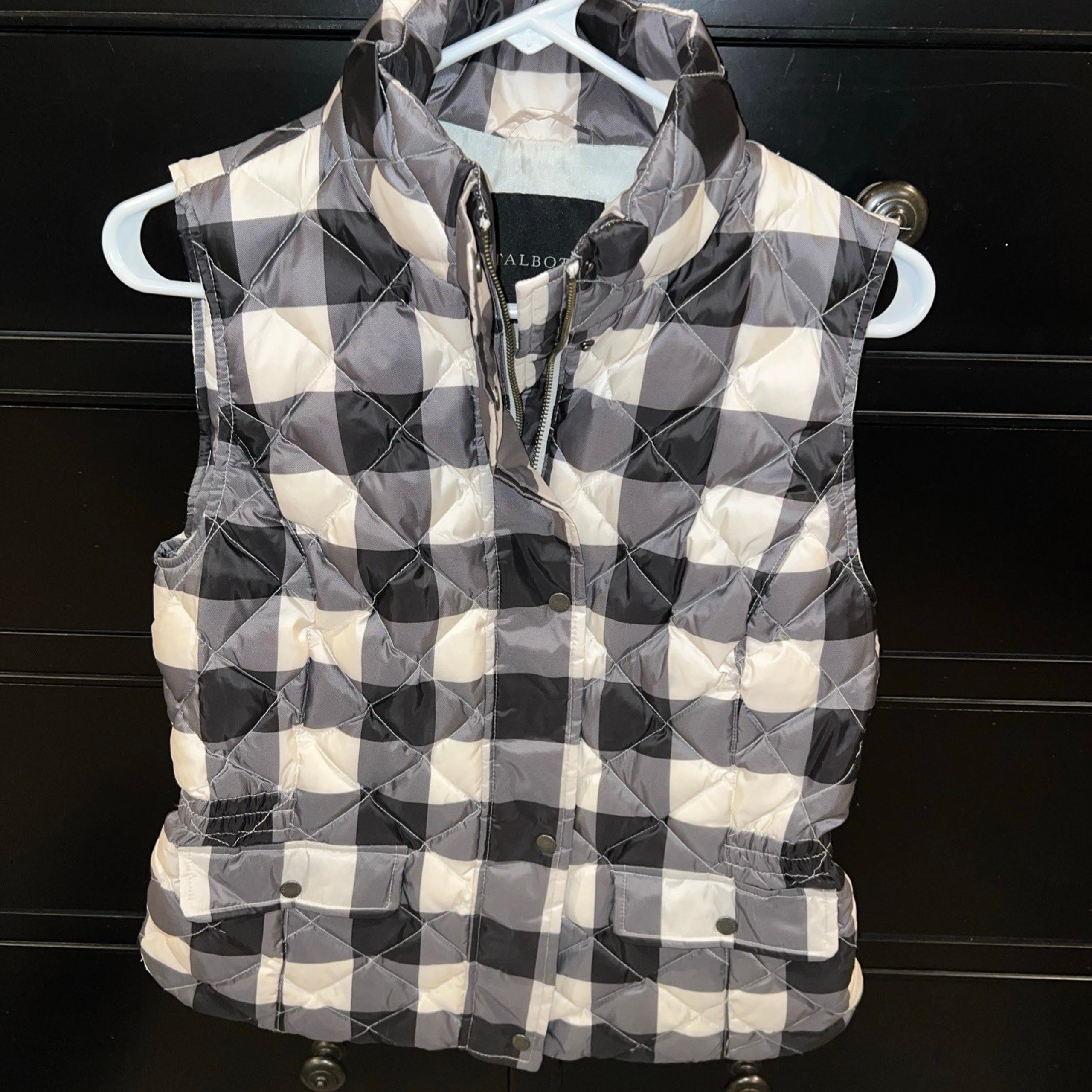 TALBOTS Buffalo Plaid Check Down Puffer VEST XS Black White Quilted Peplum Snaps