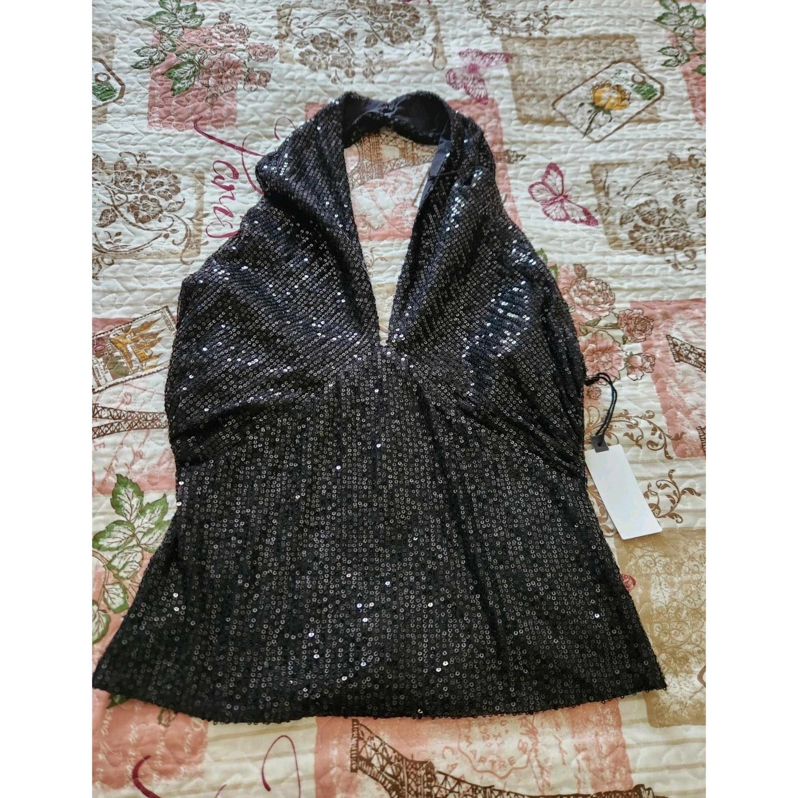 ASTR The Label Womens Sequin  Blouse V-Neck Halter Neck Top Black Stretch Size M
