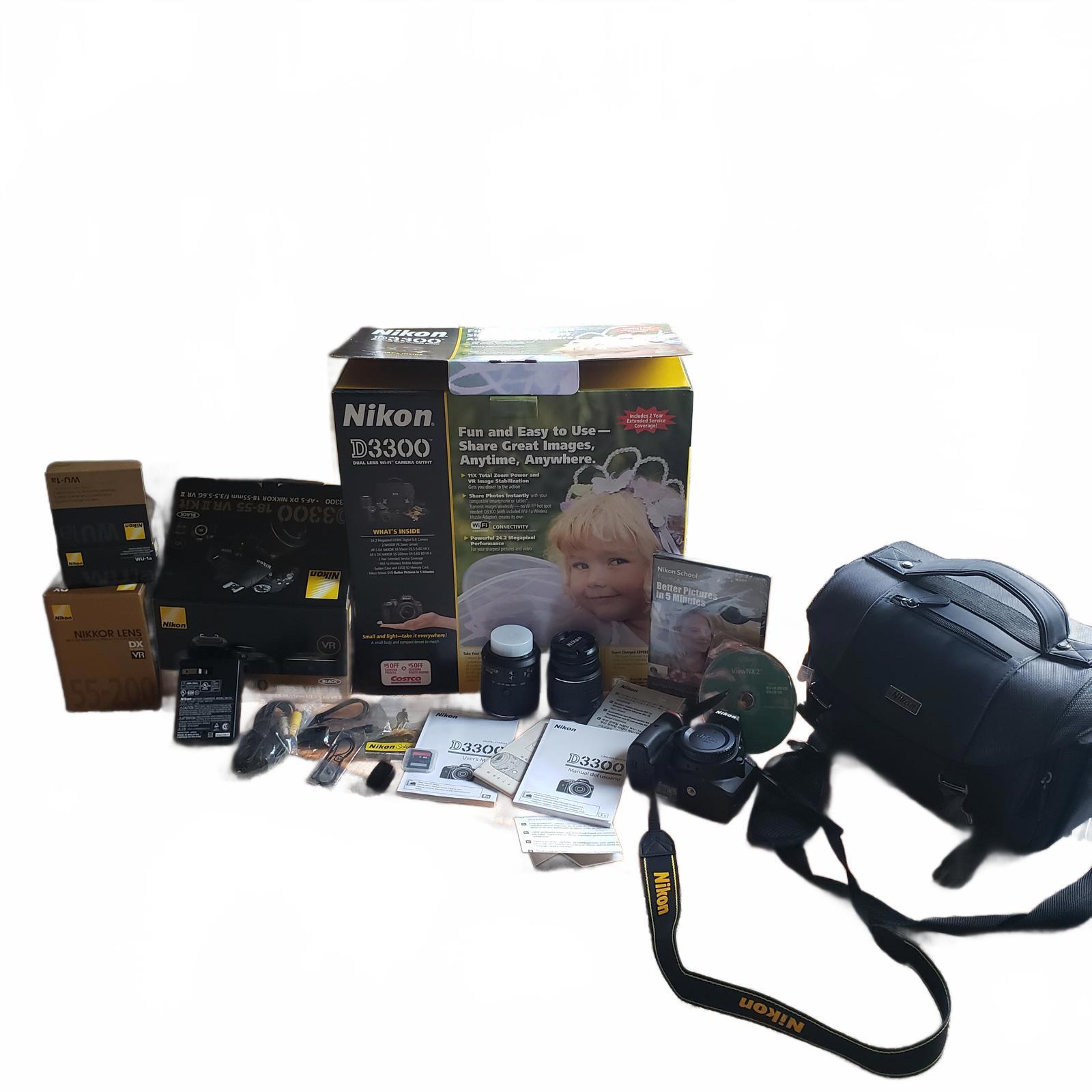 Nikon D3300 DSLR Mega Pixel Camera 18-55 mm, 55-200 mm, w/ accessories with box