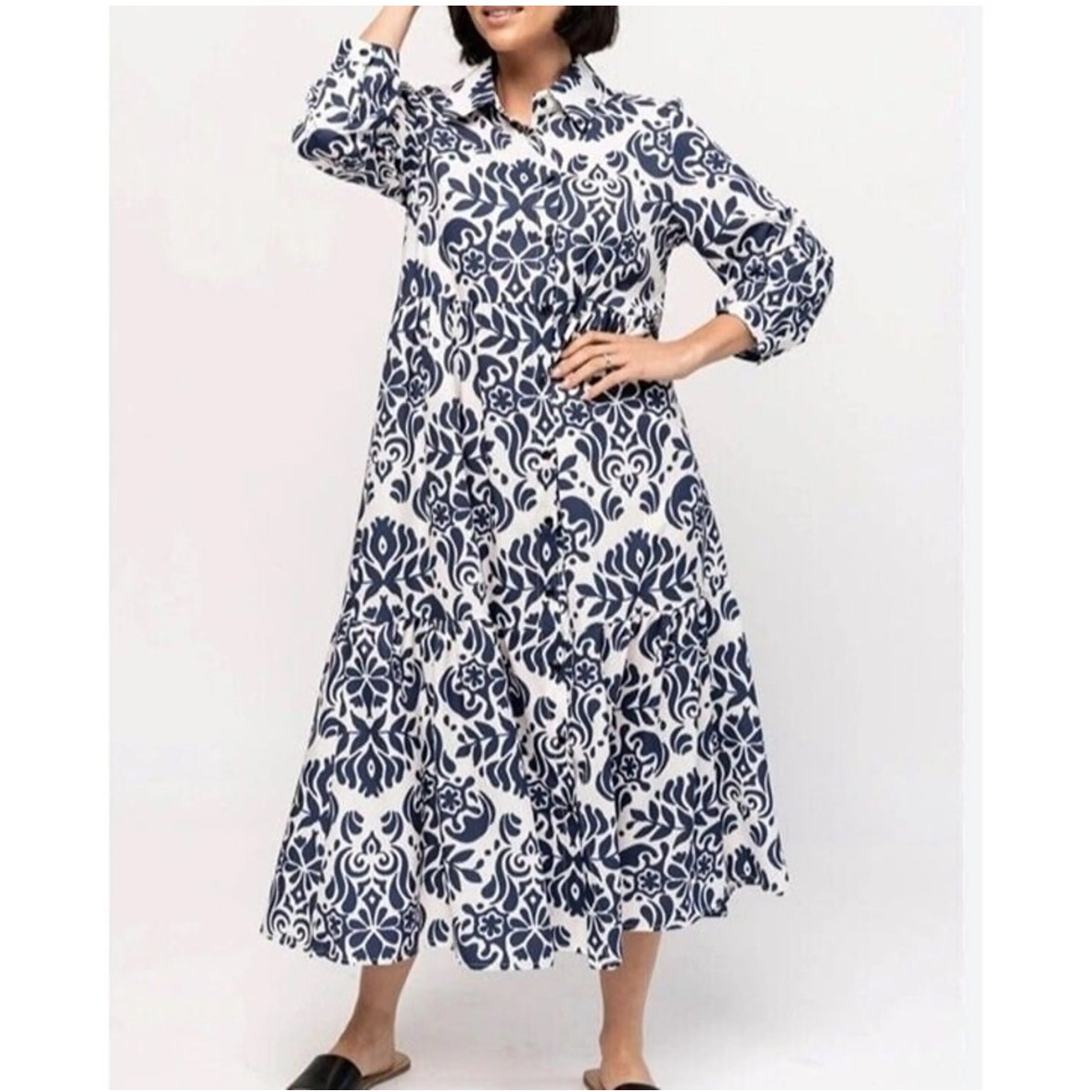Zara Navy White Damask Print A-Line Long Sleeve Midi Shirt Dress Size Small