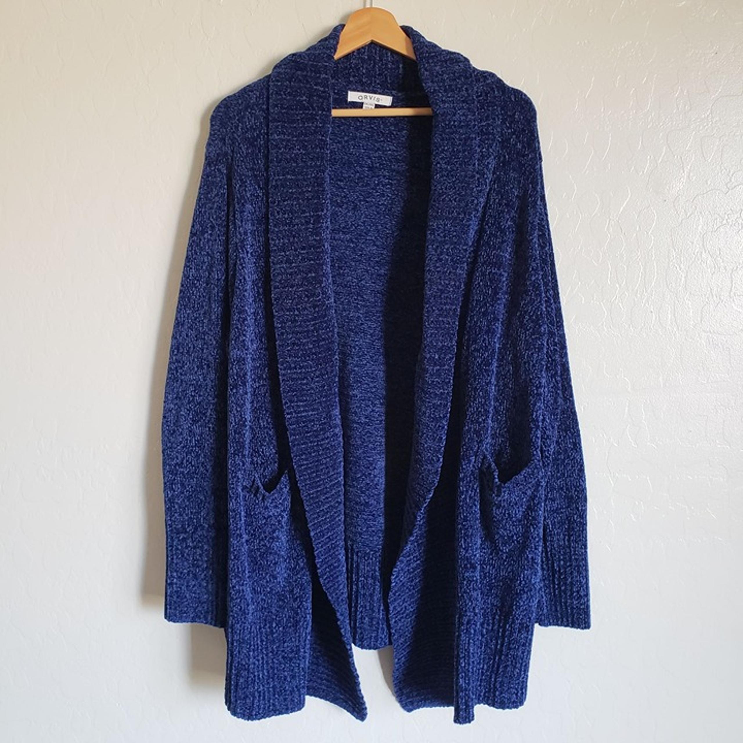 Orvis Chenille Shawl Collar Cardigan Sweater Blue Womens XXL Open Front Longline