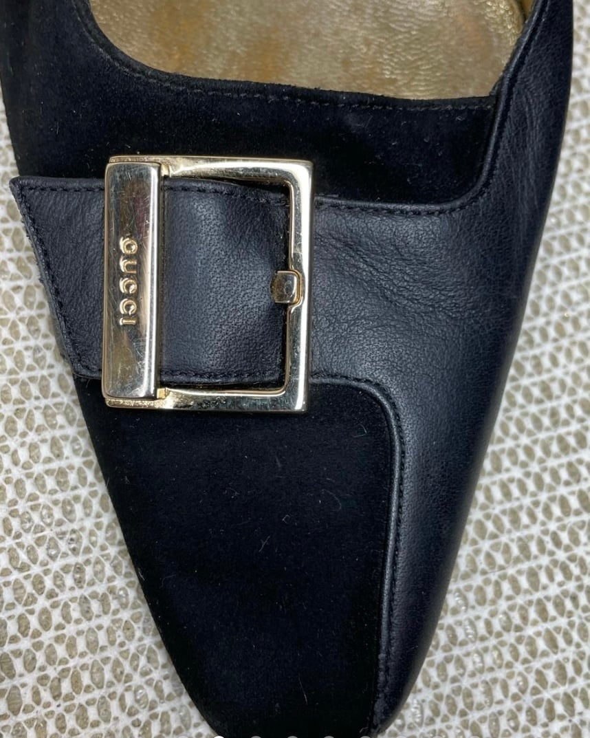 Authentic Gucci Black Leather Suede Womens Mule Shoes Size 5.5.