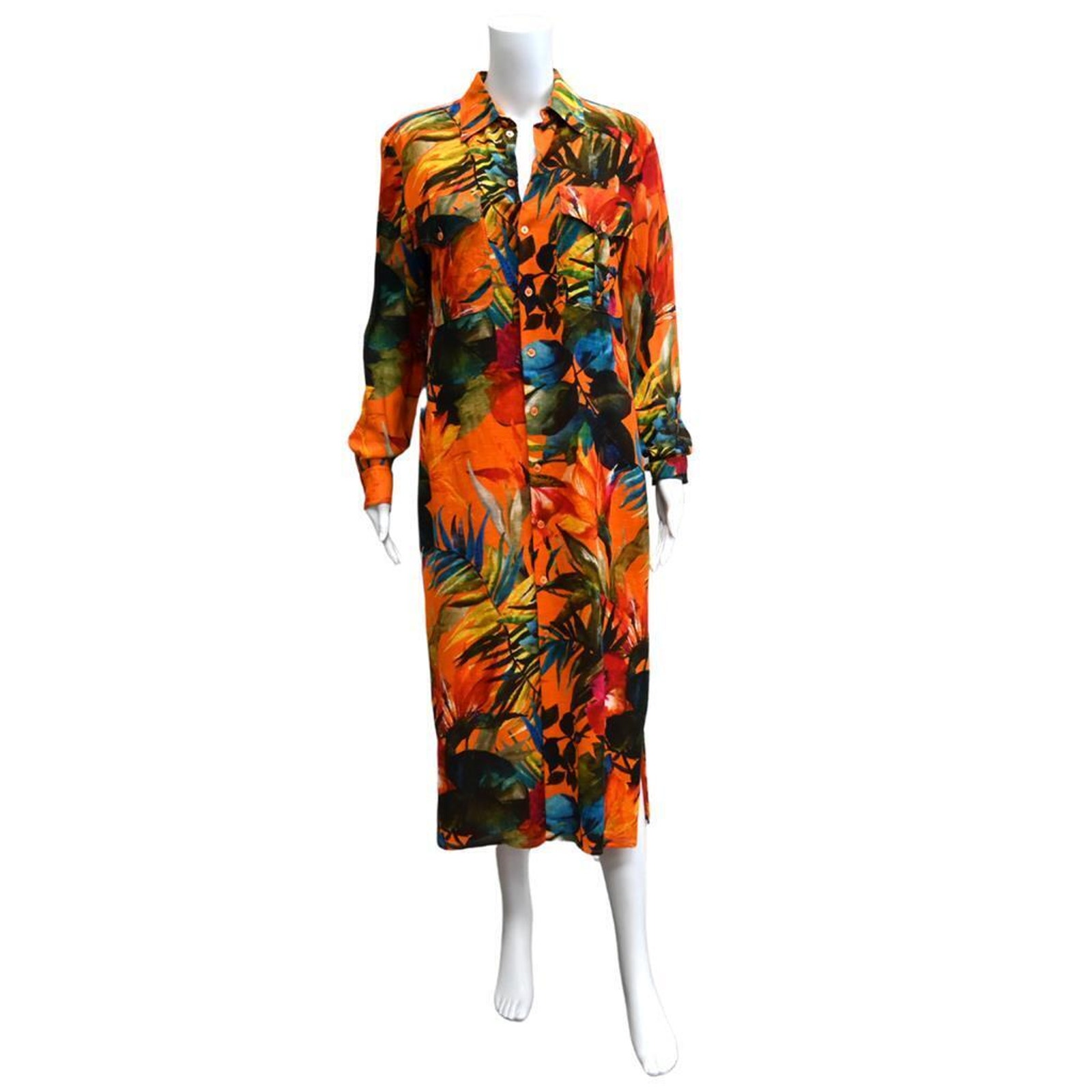 Ralph Lauren Shirt Dress Size 6 Orange Tropical Floral Print Linen Blend Midi