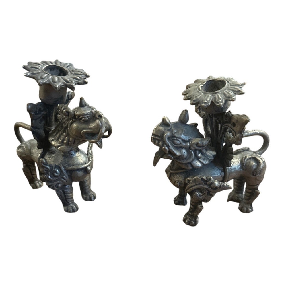 Set 2 Antique 1920s Chinese Brass Carved Foo Dog Lion Figurine Metal Candlestick