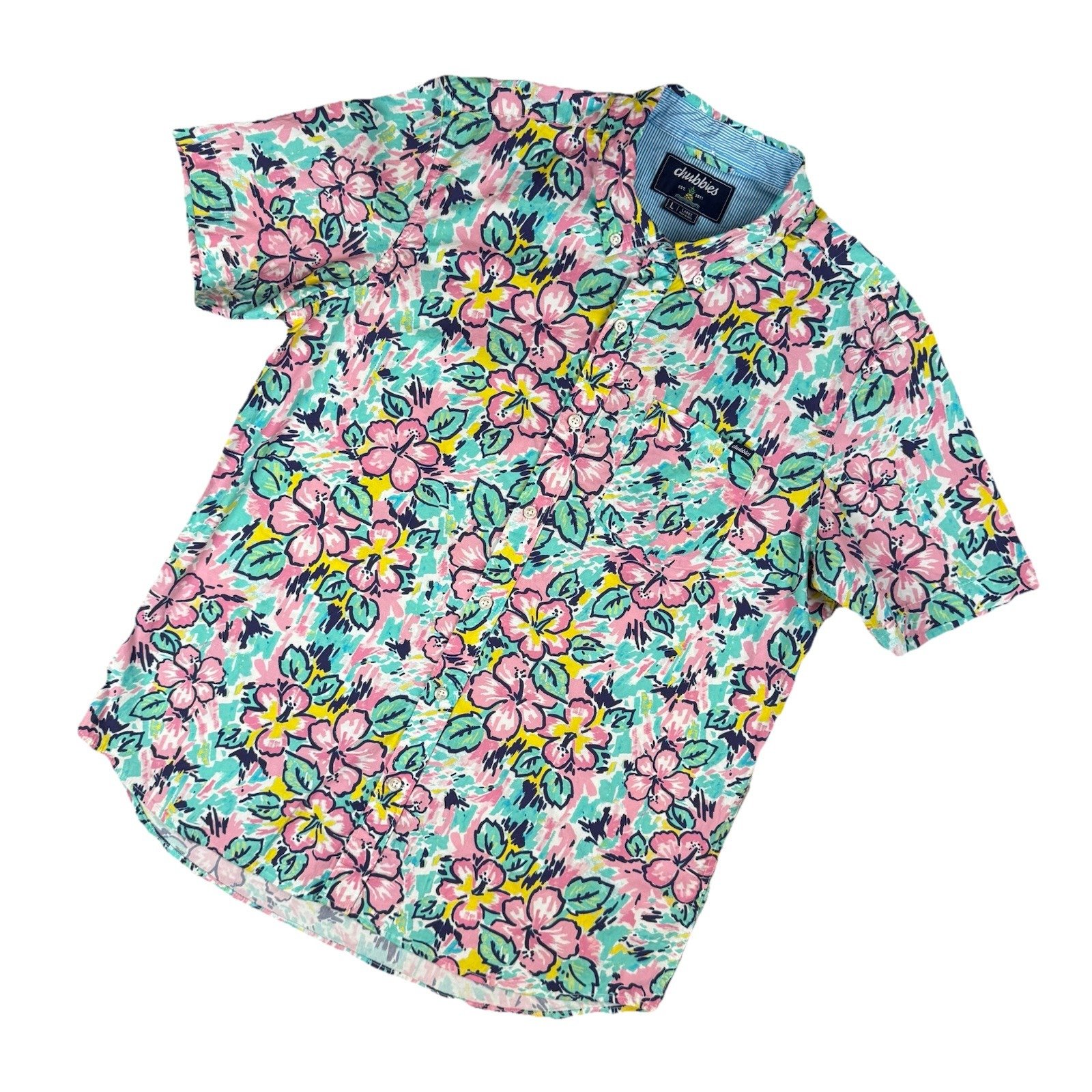 Chubbies Shirt Mens L Pink Floral Cotton Blend Button Up Stretch Beach Resort
