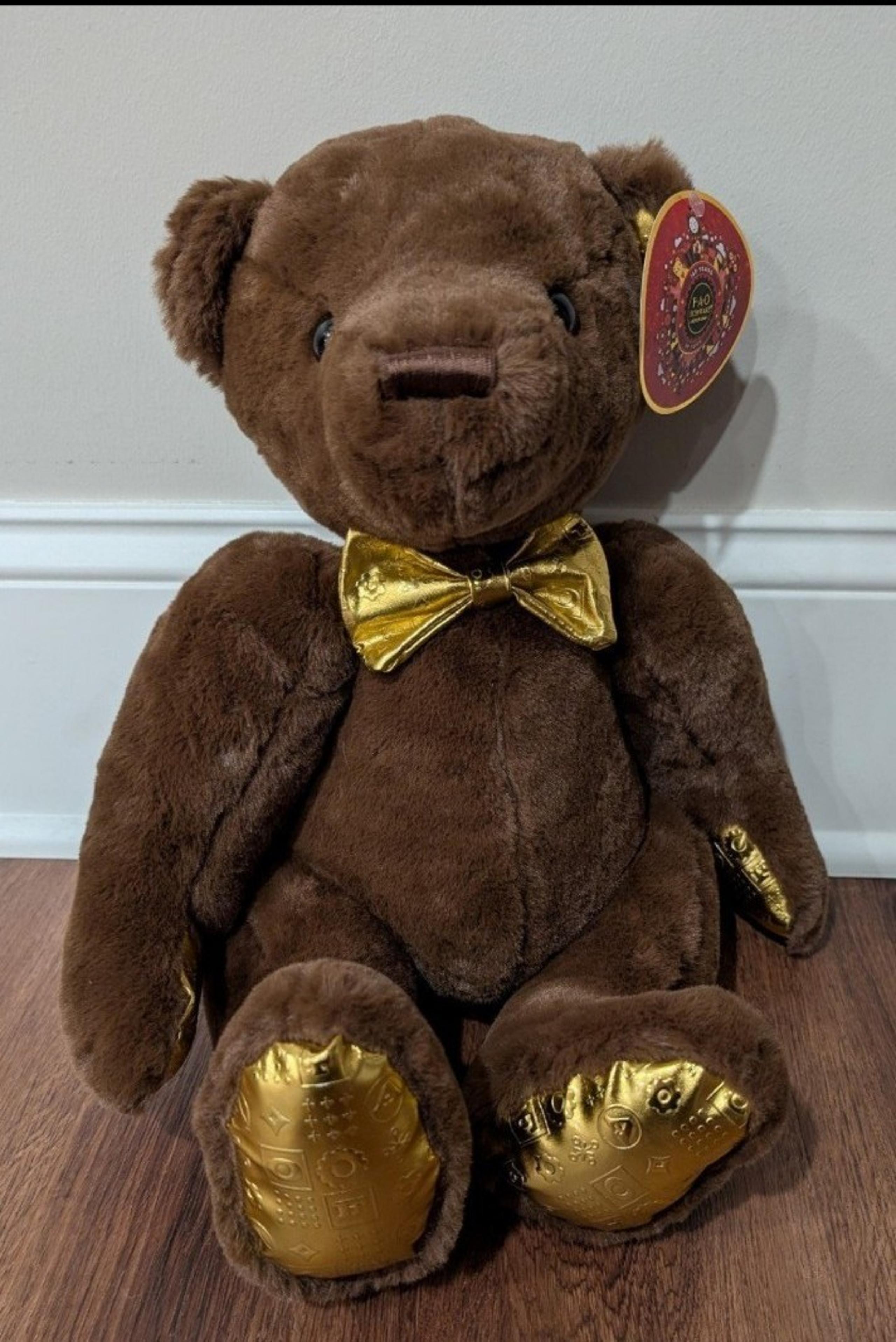 NWT fao schwarz brown plush teddy with embossed paws & bow