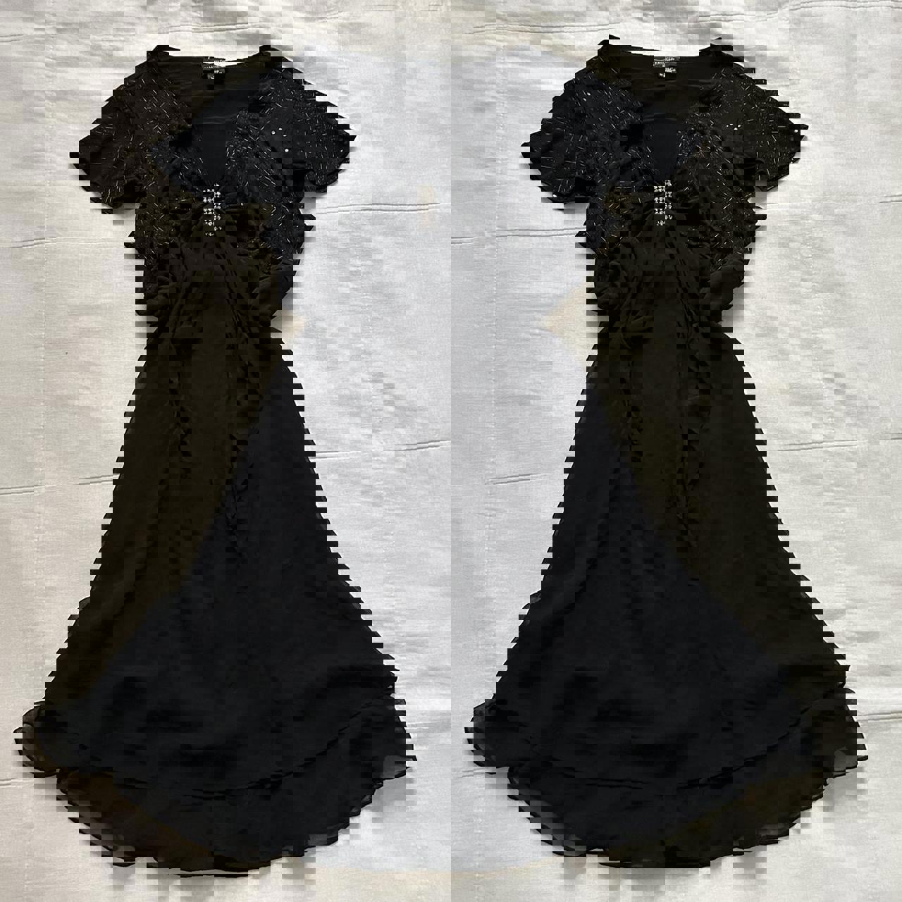 Black mini dress with rhinestone details and flutter sleeves Size 14 petite