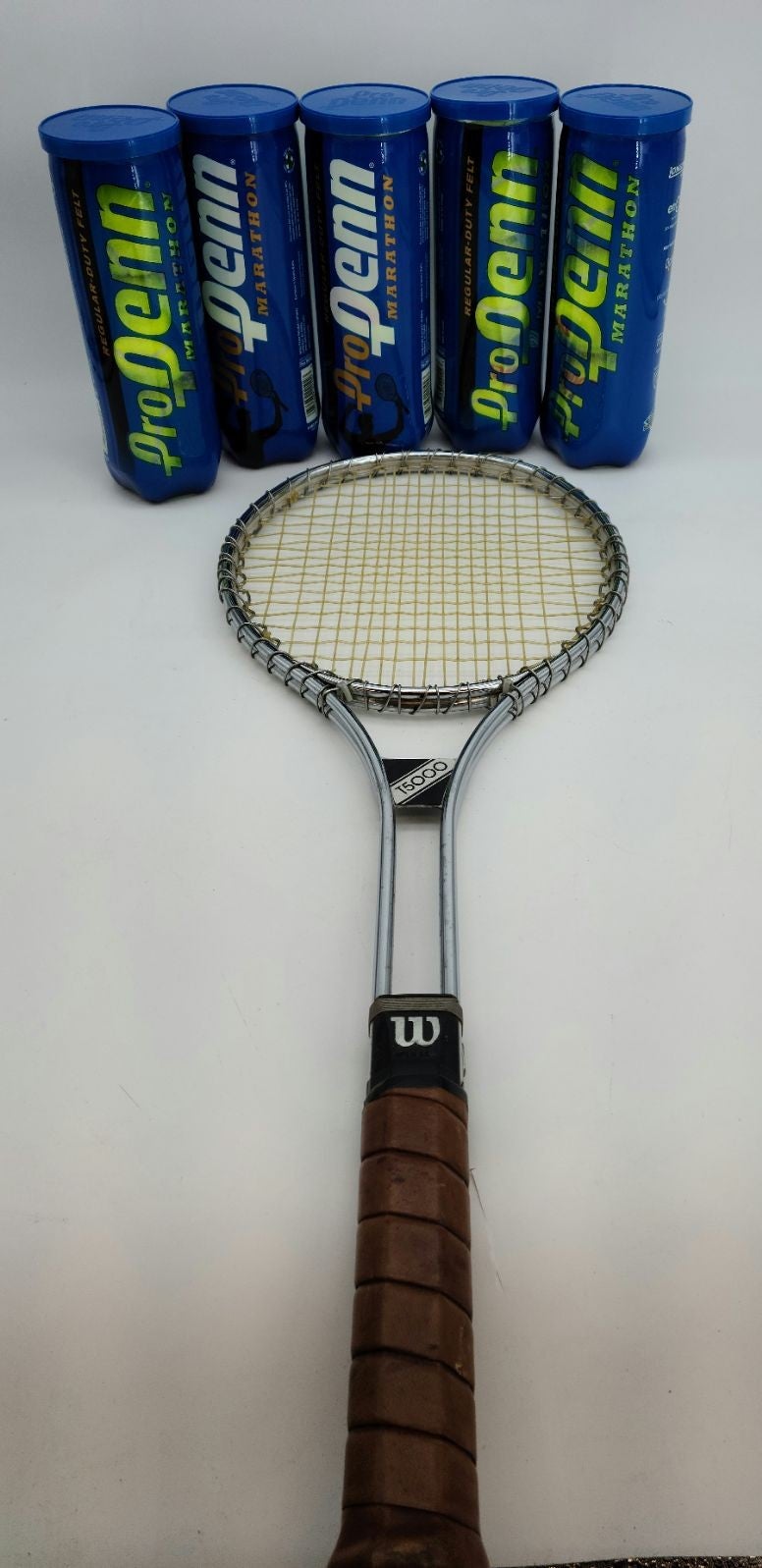 Wilson T5000 USA Steel Tennis Racket 4 5/8 Grip with 5 Sealed Cans of Pro Penn B