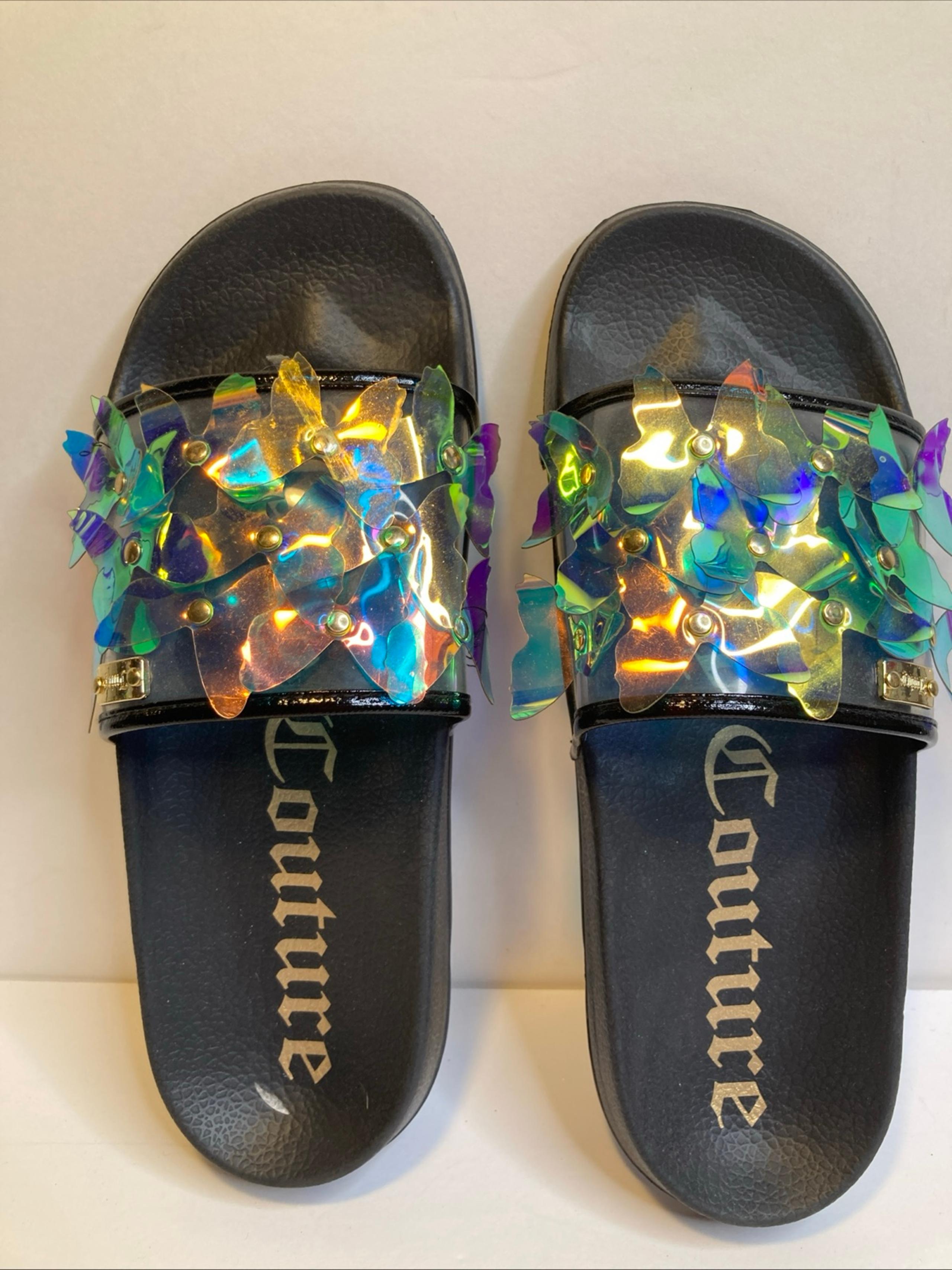 Juicy Couture Women's Black Iridescent Butterfly Slide Sandals Size 7