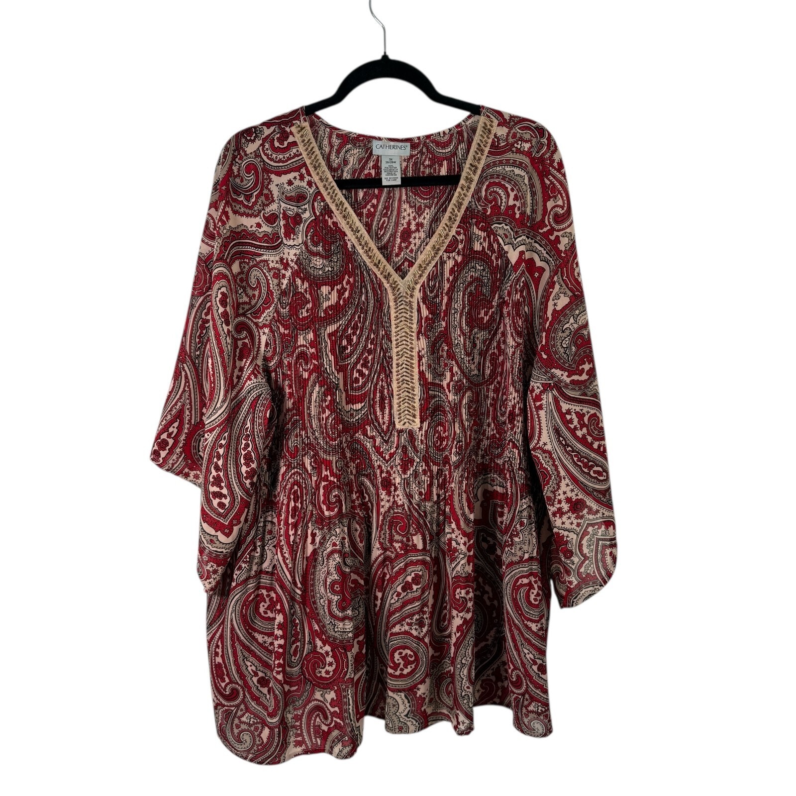 Catherines Red Paisley Tunic Blouse Boho Work Office Womens Plus Size 3x