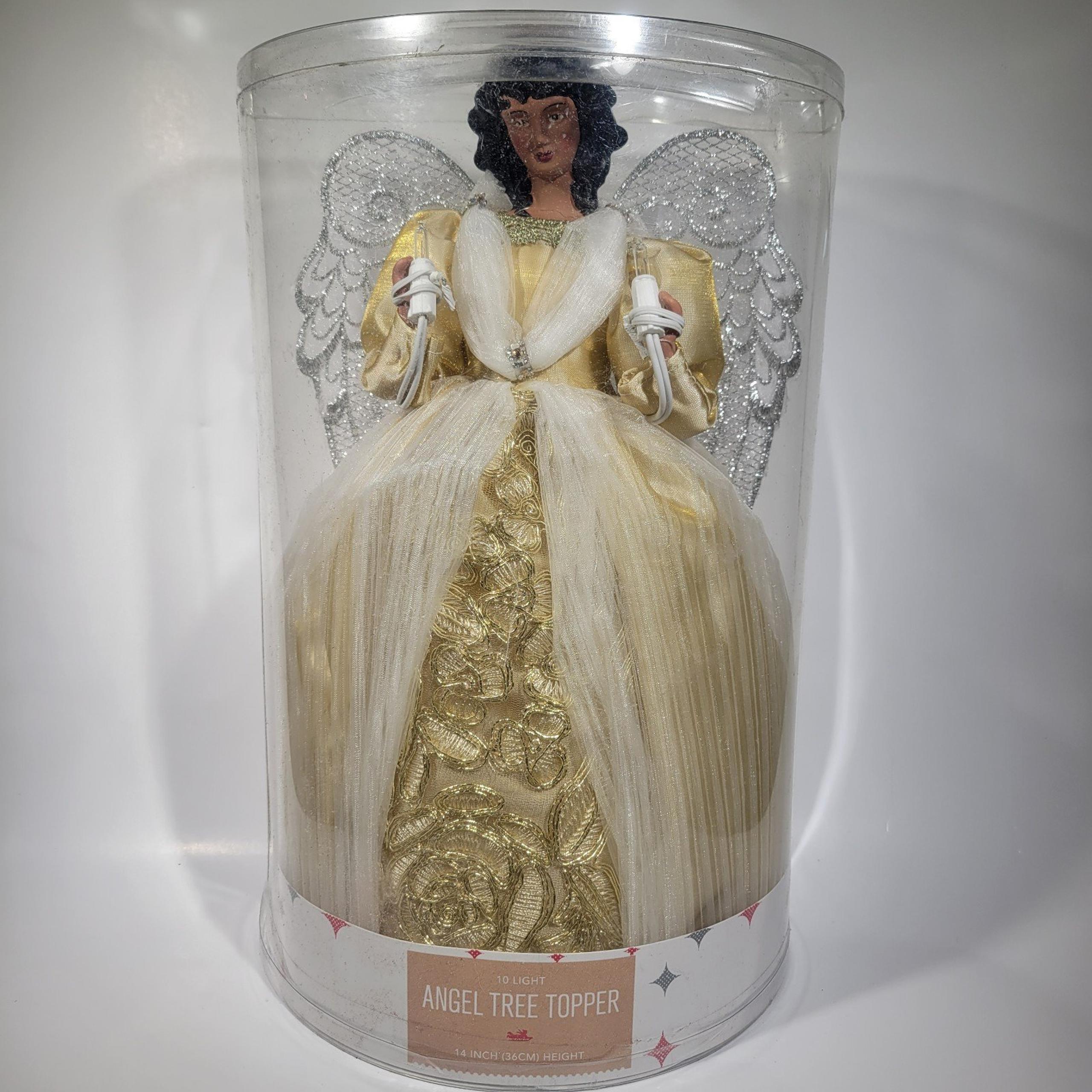 14" Holiday Lane 10-Light Angel Tree Topper with Gold Dress & Silver Wings