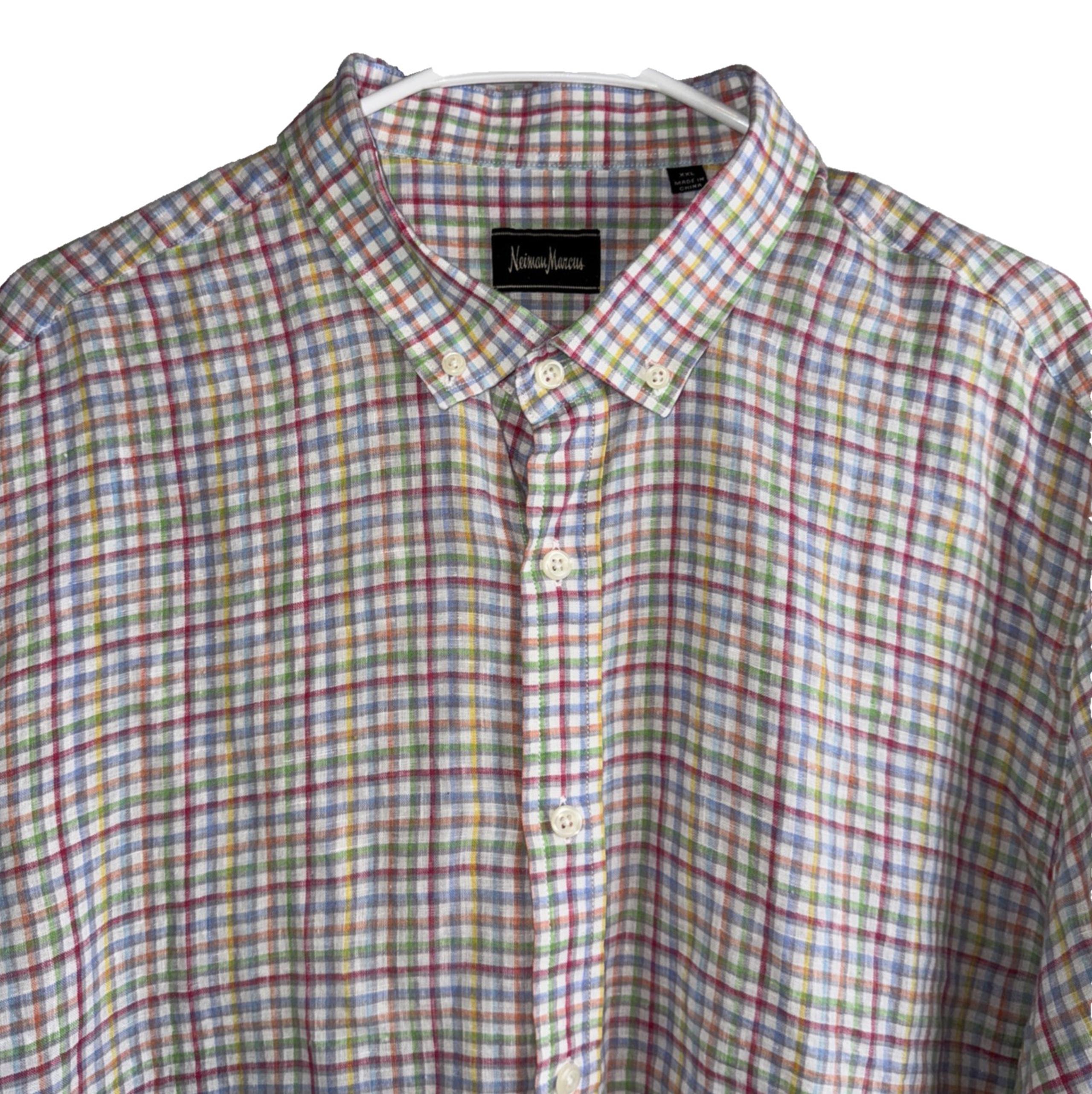 Neiman Marcus Mens 2X-Large Shirt Linen Short Sleeve Plaid 2XL XXL Button Front