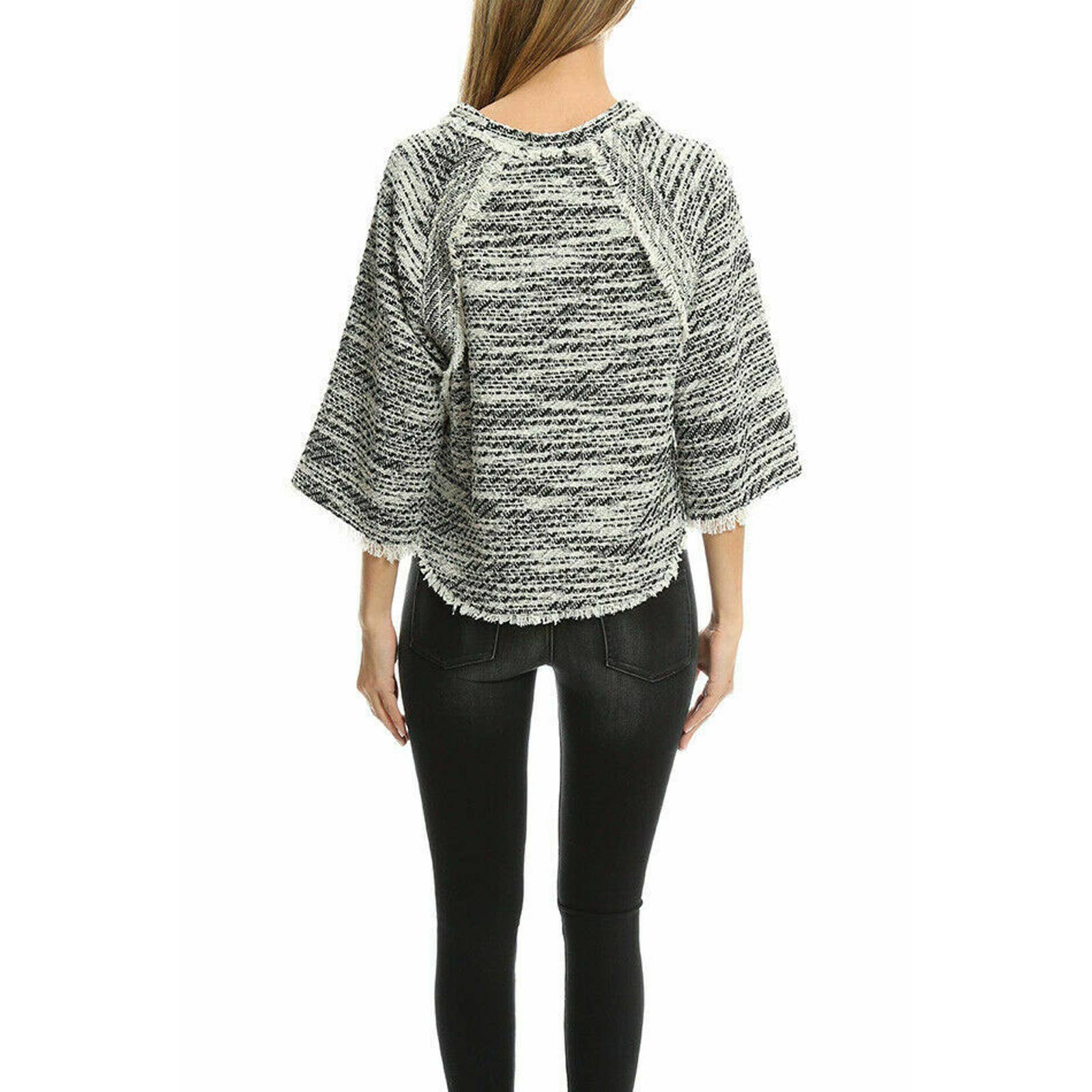 IRO Licia Sweater Size 36 4 Tweed Black White Fringe Boxy Small
