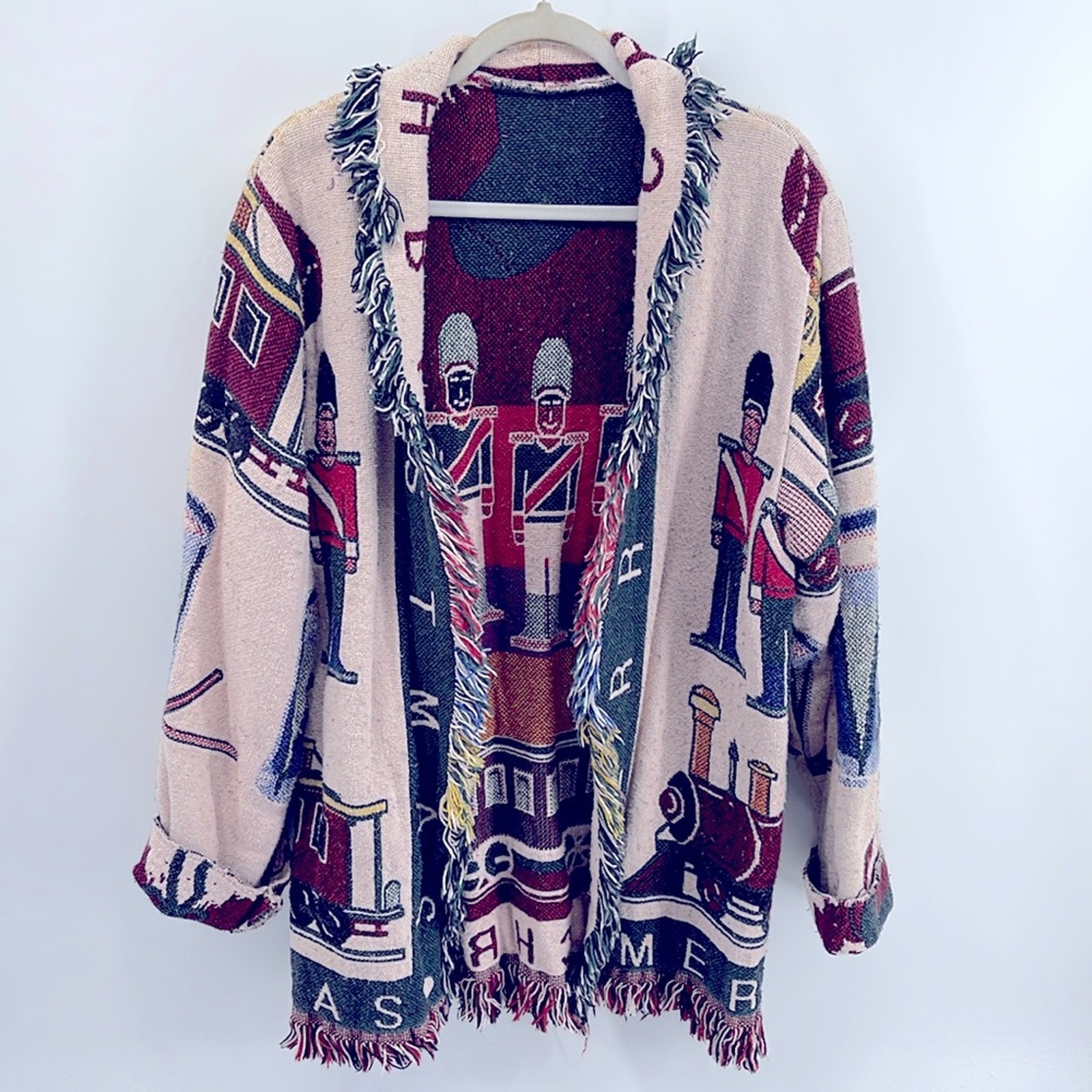 Vintage Handmade toy soldier train Christmas woven fringe long line blanket coat