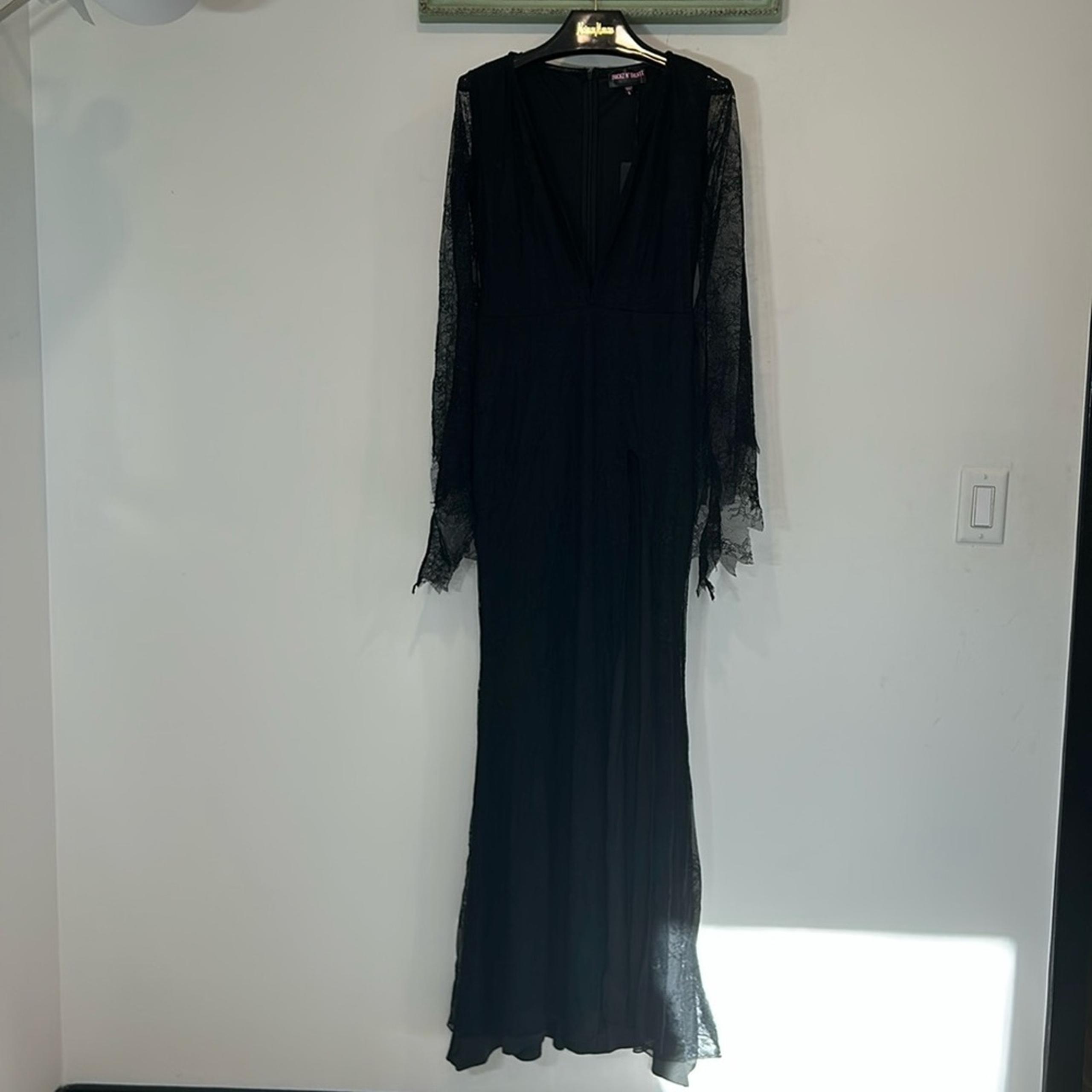 Elvira / Morticia Black lace long bell sleeve maxi gown high slit large new