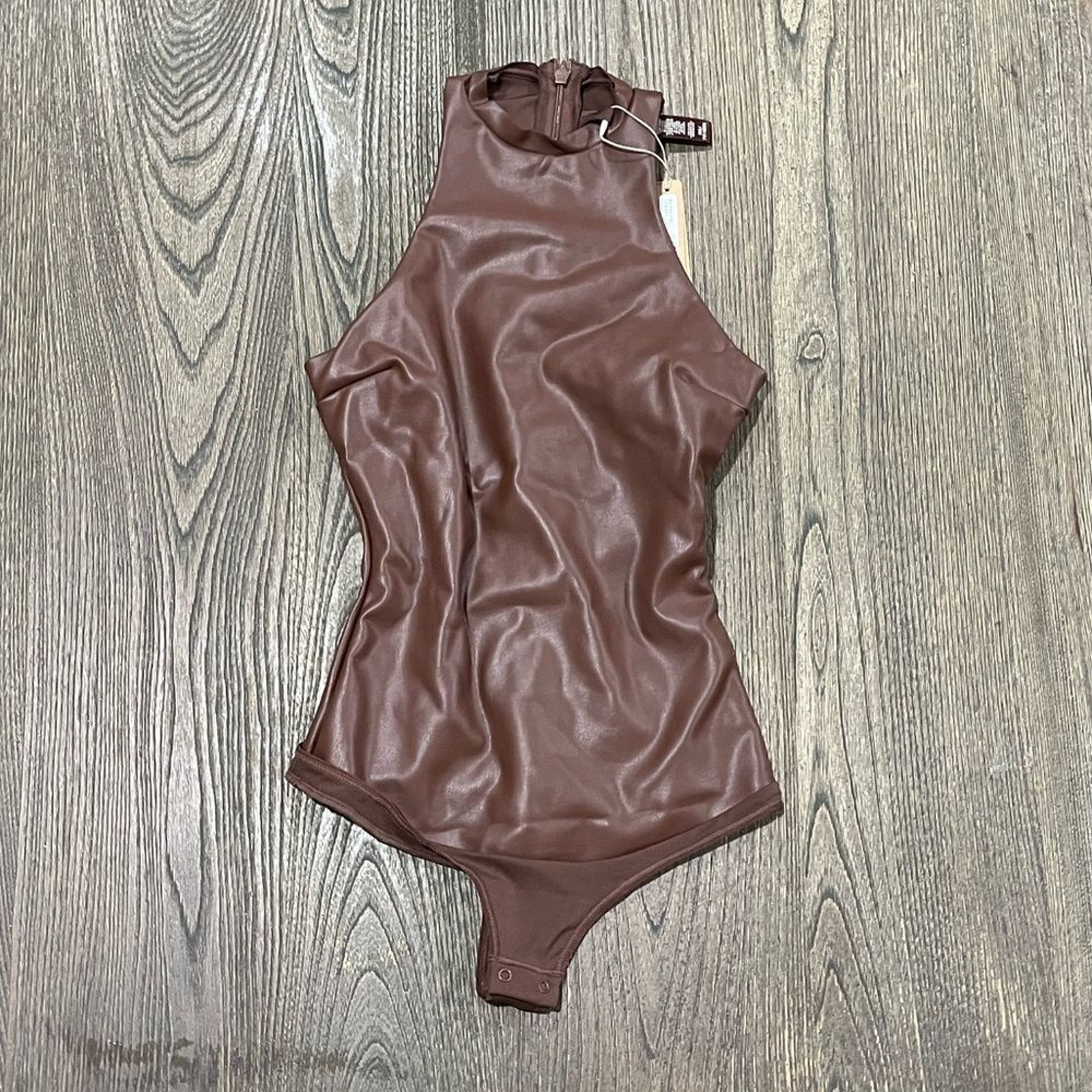 NWT Skims Faux Leather Sporty High Neck Bodysuit Sleeveless Thong Back Cocoa XXS