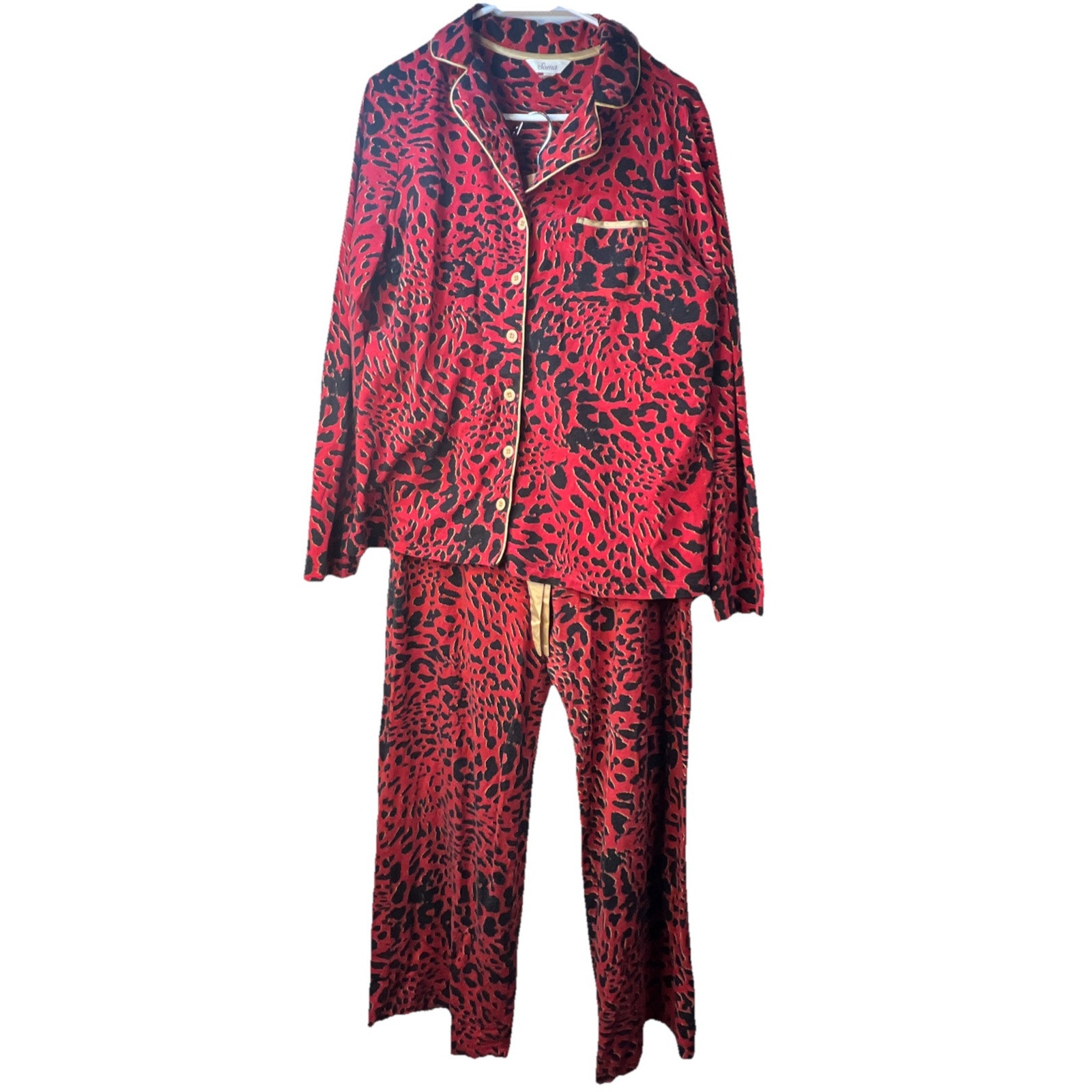 Soma Matching Lounge Set Wide Leg Pants LARGE Red Animal Top Pajamas Super Soft