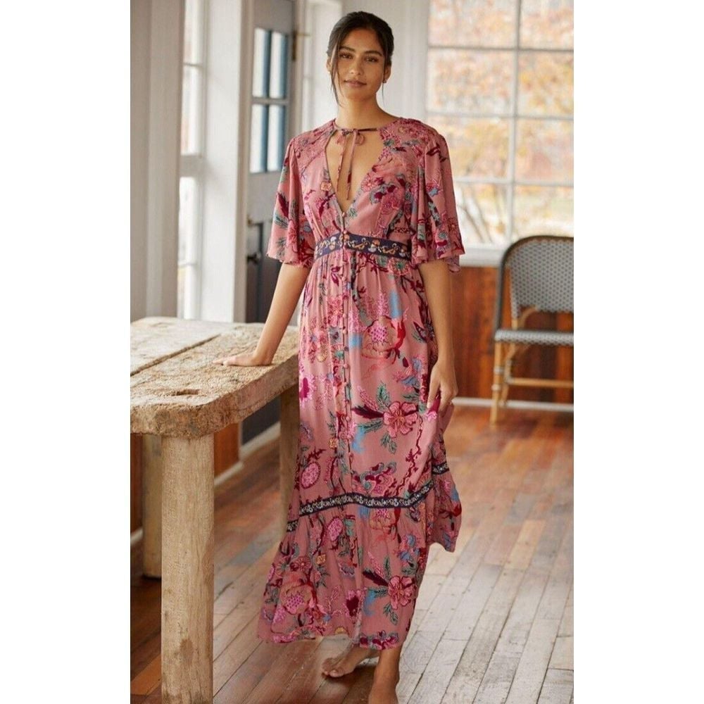 Anthropologie Womens Ruffled Embroidered Maxi Dress Size XS Cottagecore Pink