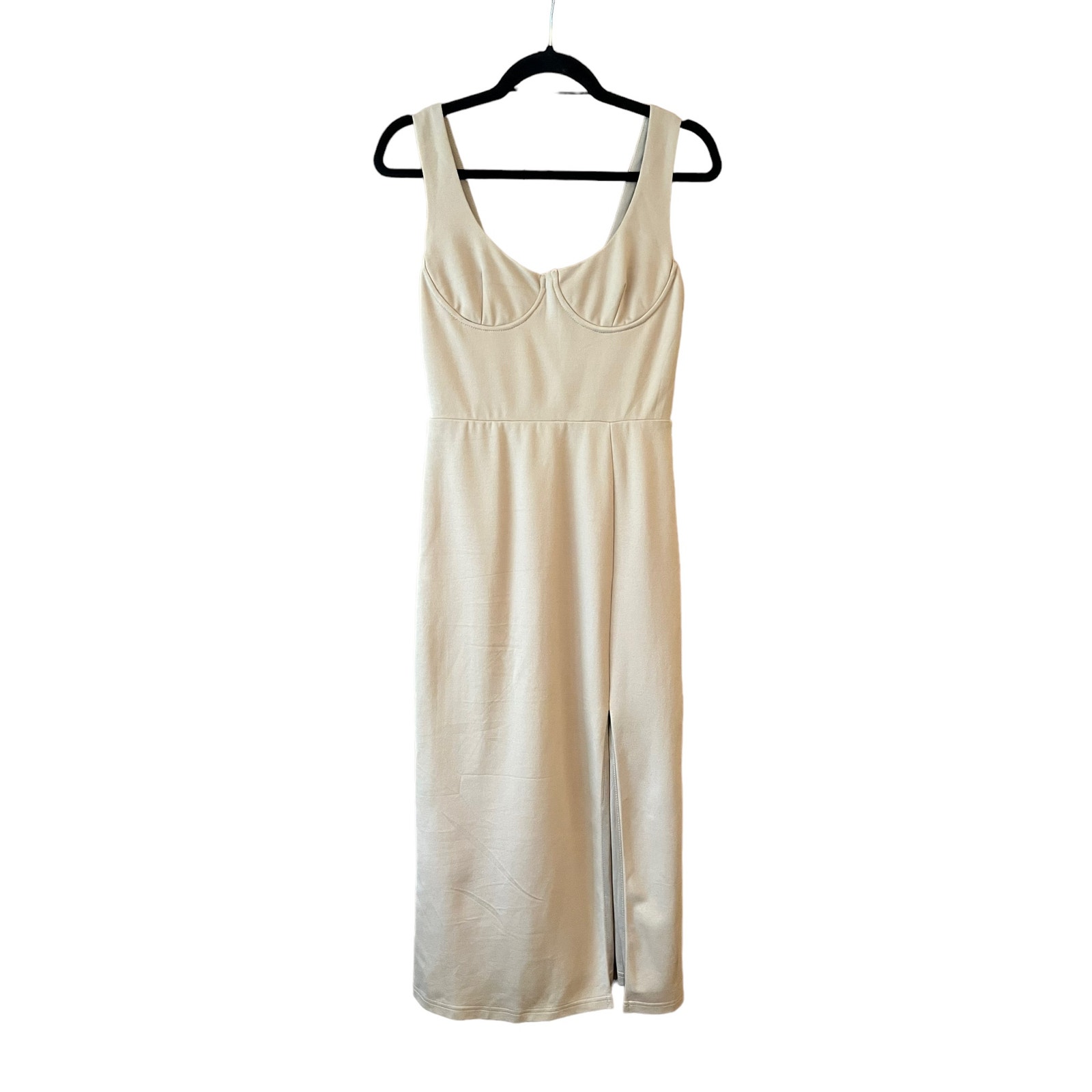 Kittenish Women's Slit Front Bodycon Dress Sleeveless Solid Tan Size Medium