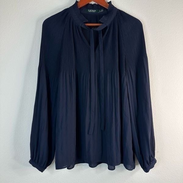 Lauren Ralph Lauren Navy Blue Tie Neck Georgette Top Womens XL Preppy Pleated