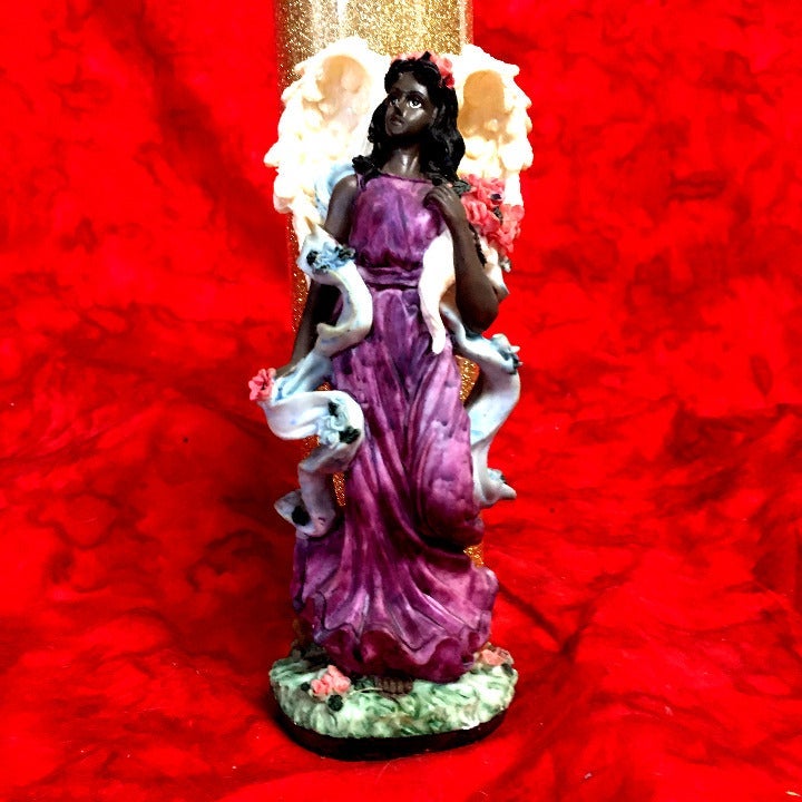 Black Angel Vintage Statue Hand Painted Purple Robe Pink Roses Religious Altar