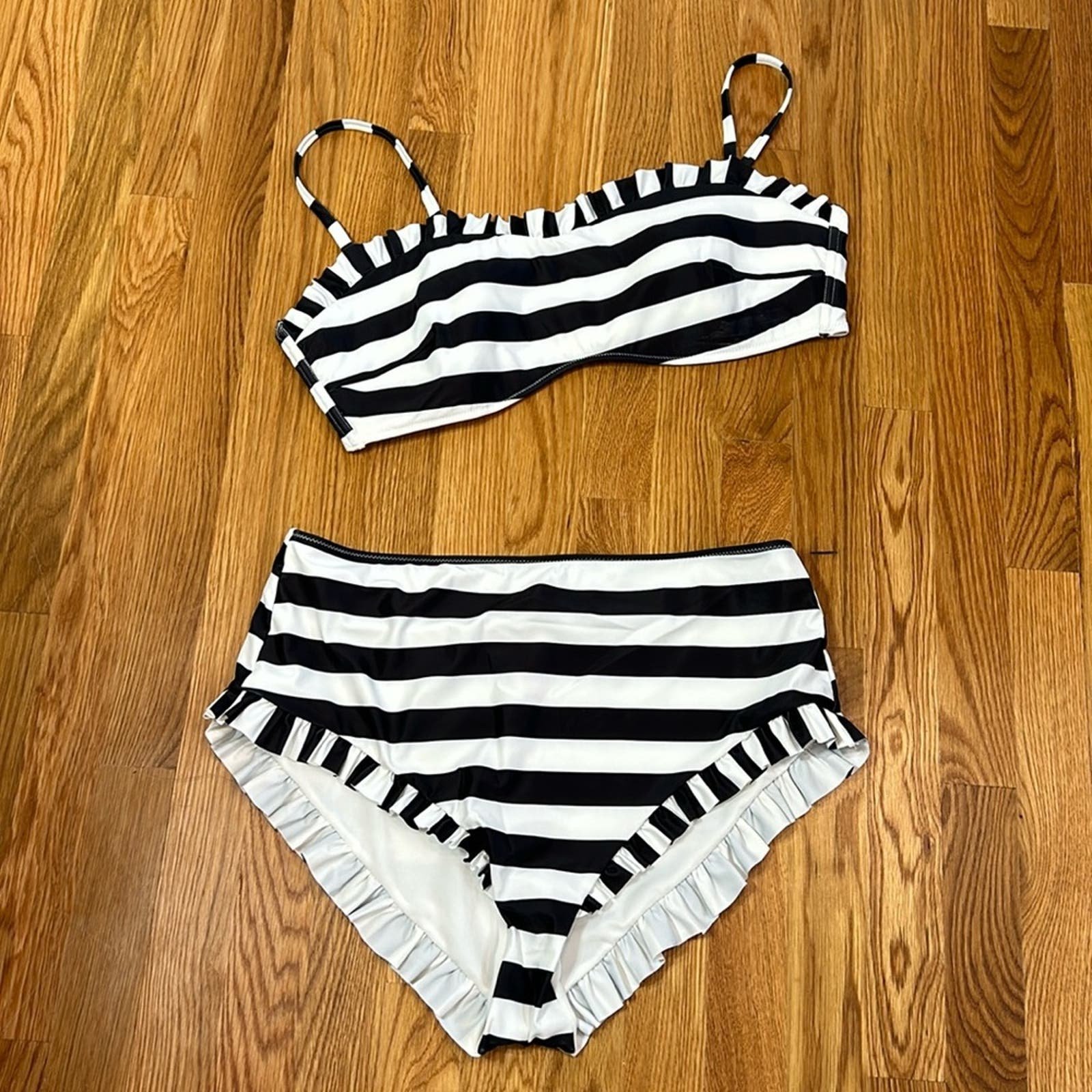 Dolls Kill Sugar Thrills black white stripe ruffle Barbie girl 2 pieces swim 1X