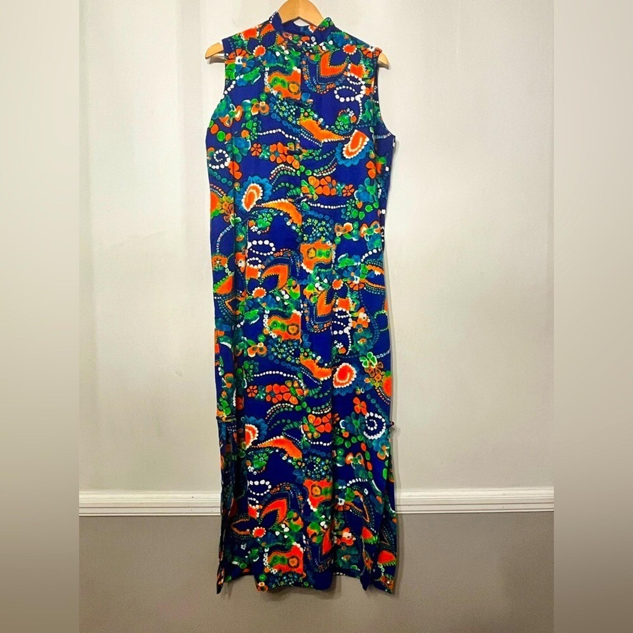 Pacific Isle Hawaiian Maxi Dress Barkcloth 16 Floral Multicolor Sleeveless USA - Pacific Cycle
