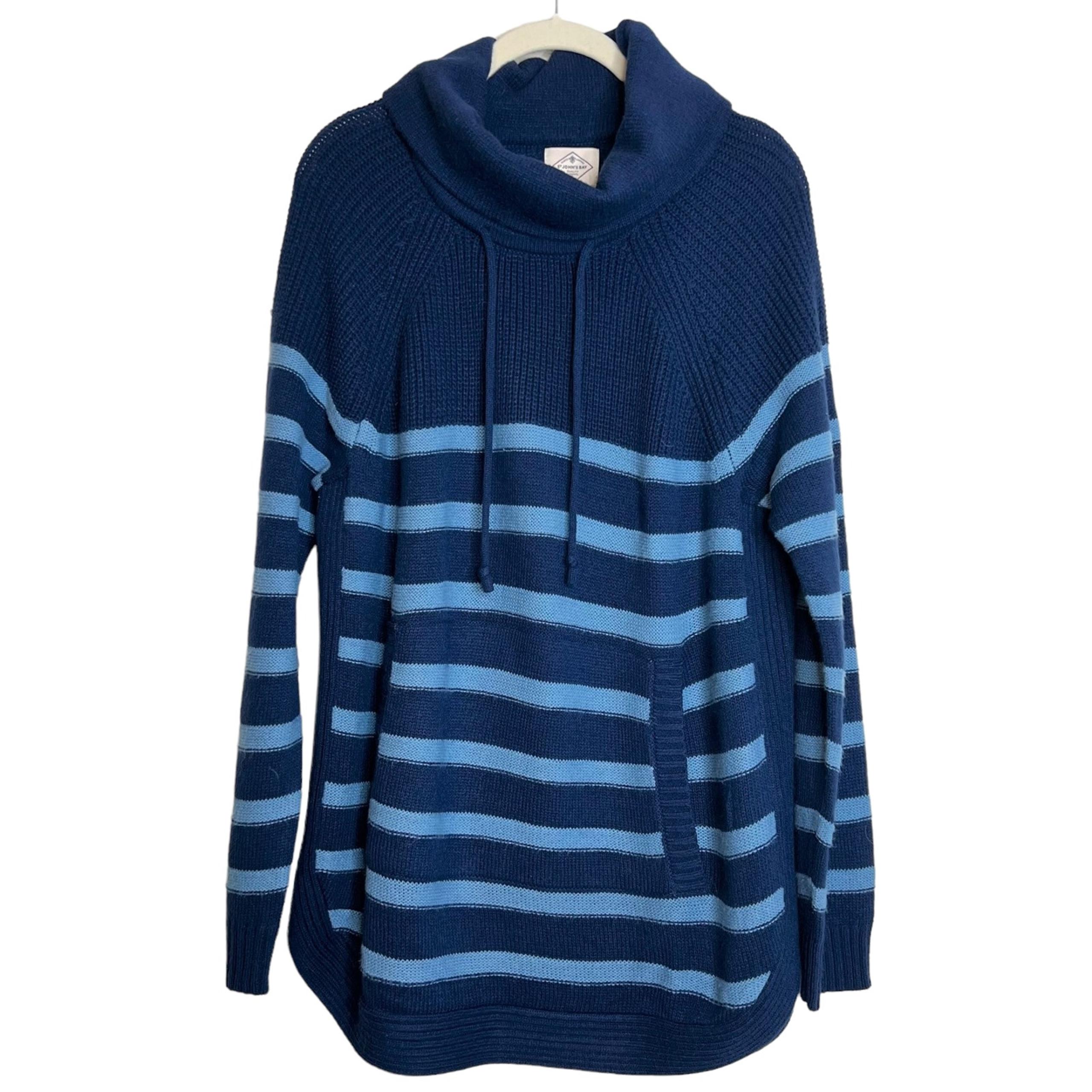 St Johns Bay Womens Sweater Large Cowl Neck Blue Striped Kangaroo Pouch