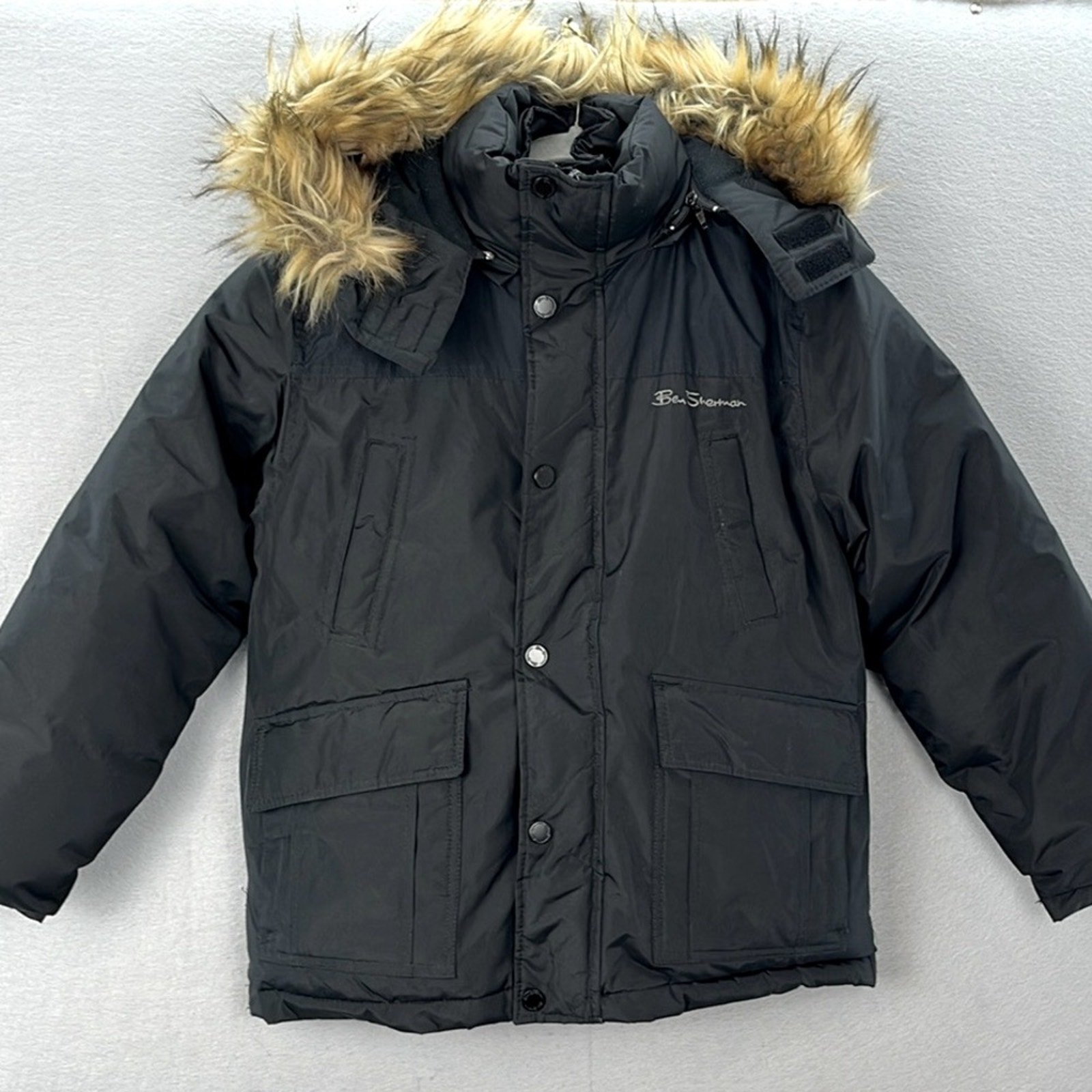 Ben Sherman Boys Faux fur hooded parka jacket black double zipper Coat M(10-12)Y