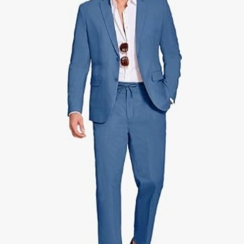 NWT Men's Blue 2 Piece Linen Suit Set Casual Lightweight Blazer and Pants SZ 3XL