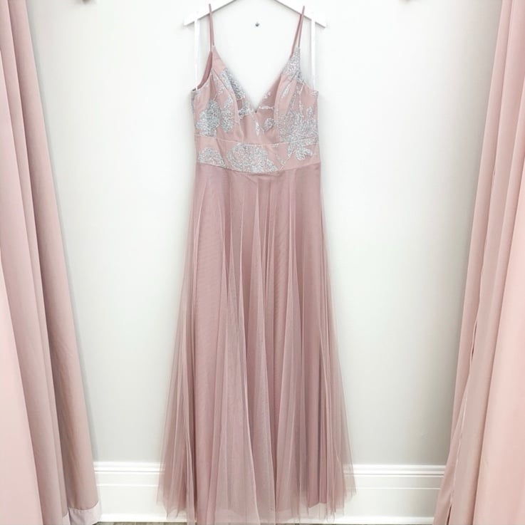 NWT Hayley Paige Long Gown bridesmaid Dress Sz 12 blush dusty rose glitter tulle