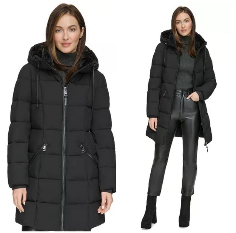 Dkny Black Faux-Fur-Trim Hooded Puffer Coat Womens Size XXL NWT