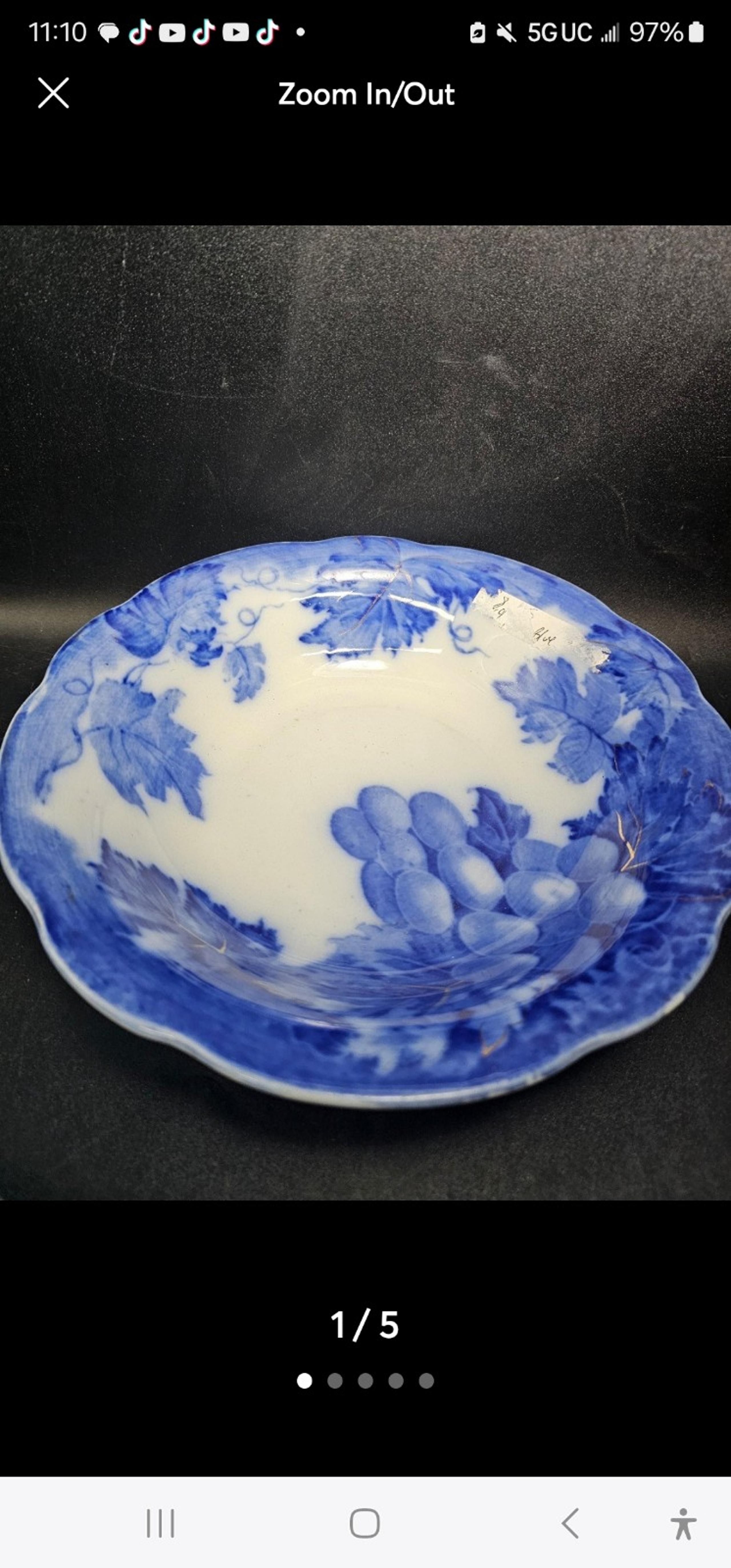Vintage upper Hanley flow blue fruit bowl, vineyard motif, grapes and vines..