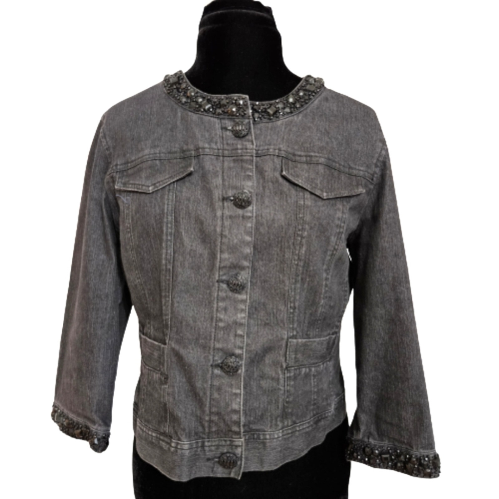 Denim Jacket Embellished Charcoal Gray 3/4 Sleeve Pocket Button Front 12 Bling