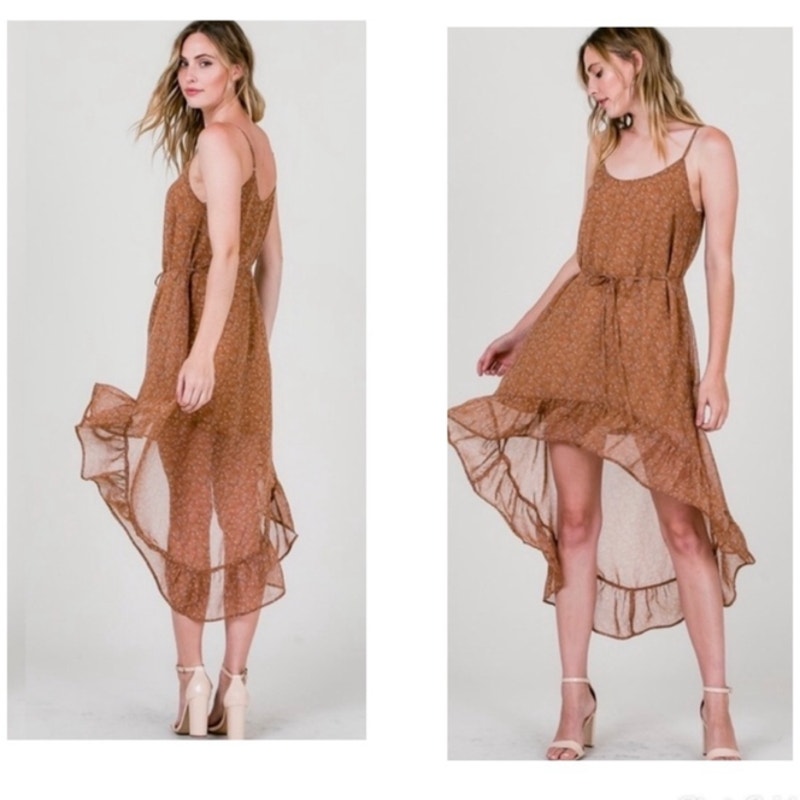 Cozy Casuals brown floral sleeveless adjustable hi-low dress Small NWT