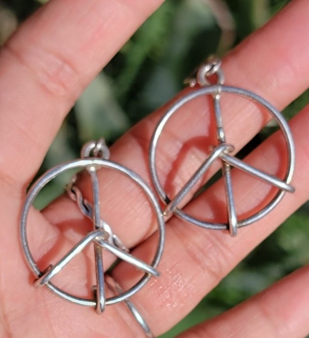 OOAK artisan handwrought solid 925 sterling silver peace sign earrings