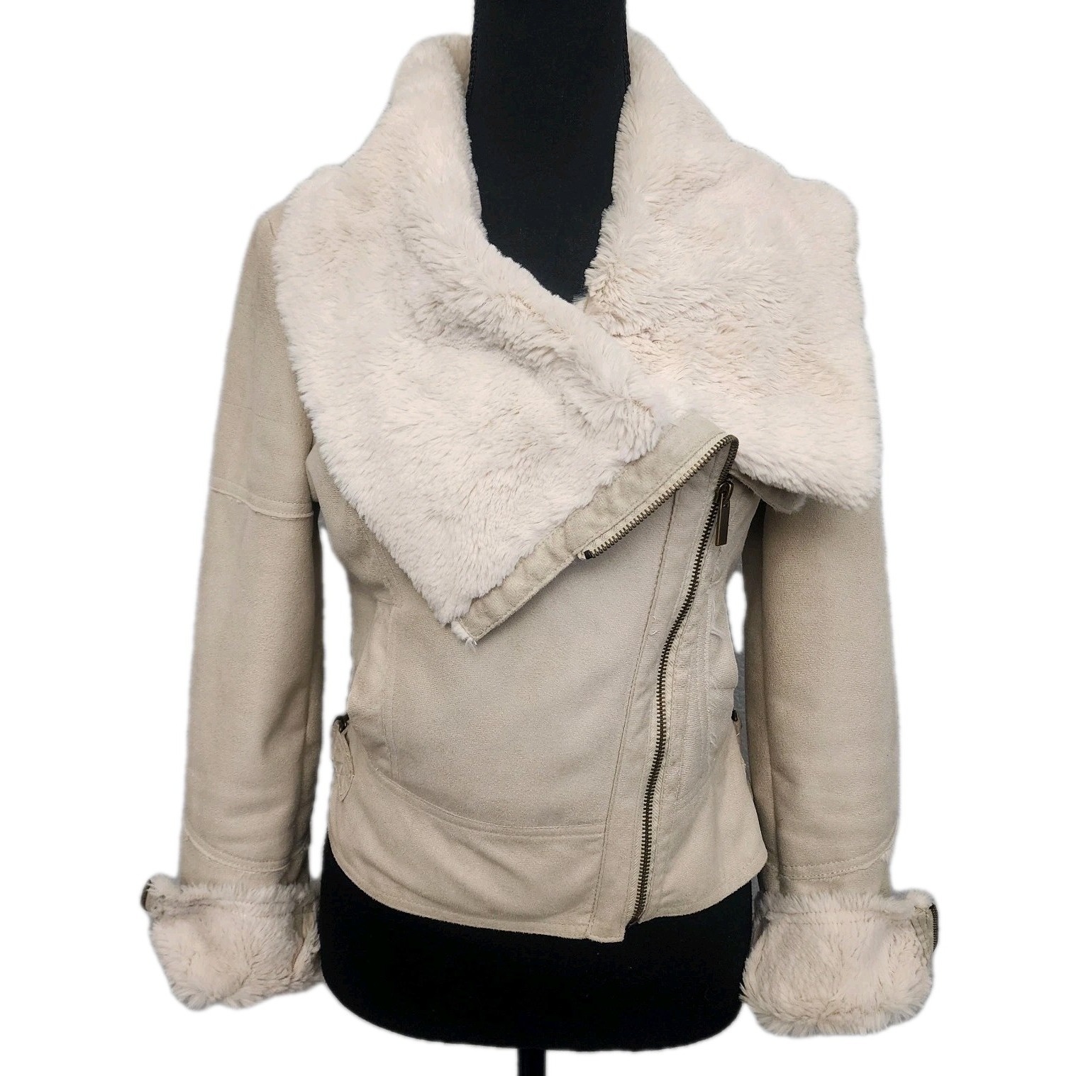 Bebe Moto Jacket Womens XS Ivory Faux Suede Fur Biker Penny Lane Shearling Chic